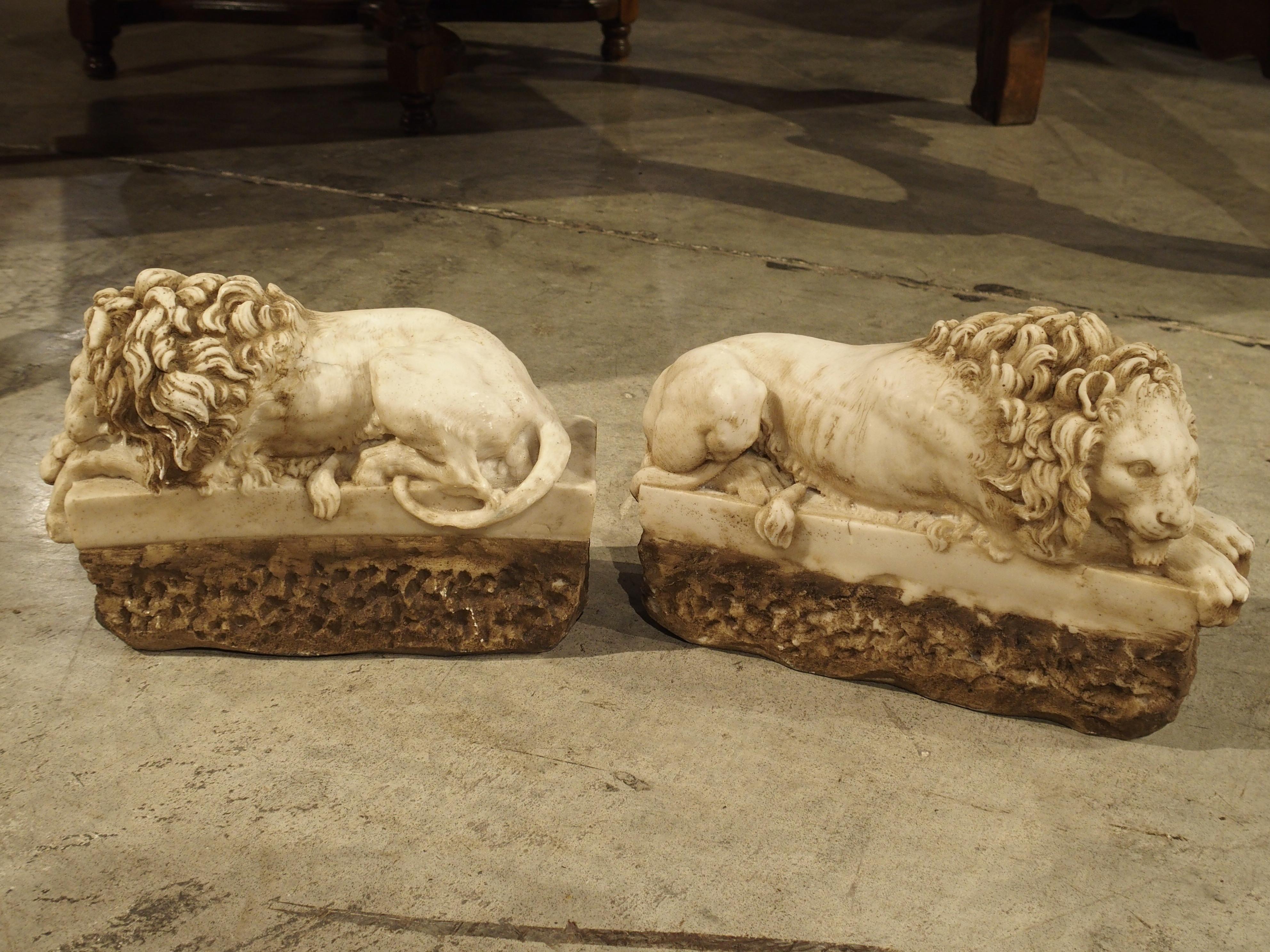 Hand-Carved Pair of Small Italian Carved Lions, The Sleeping and The Vigilant