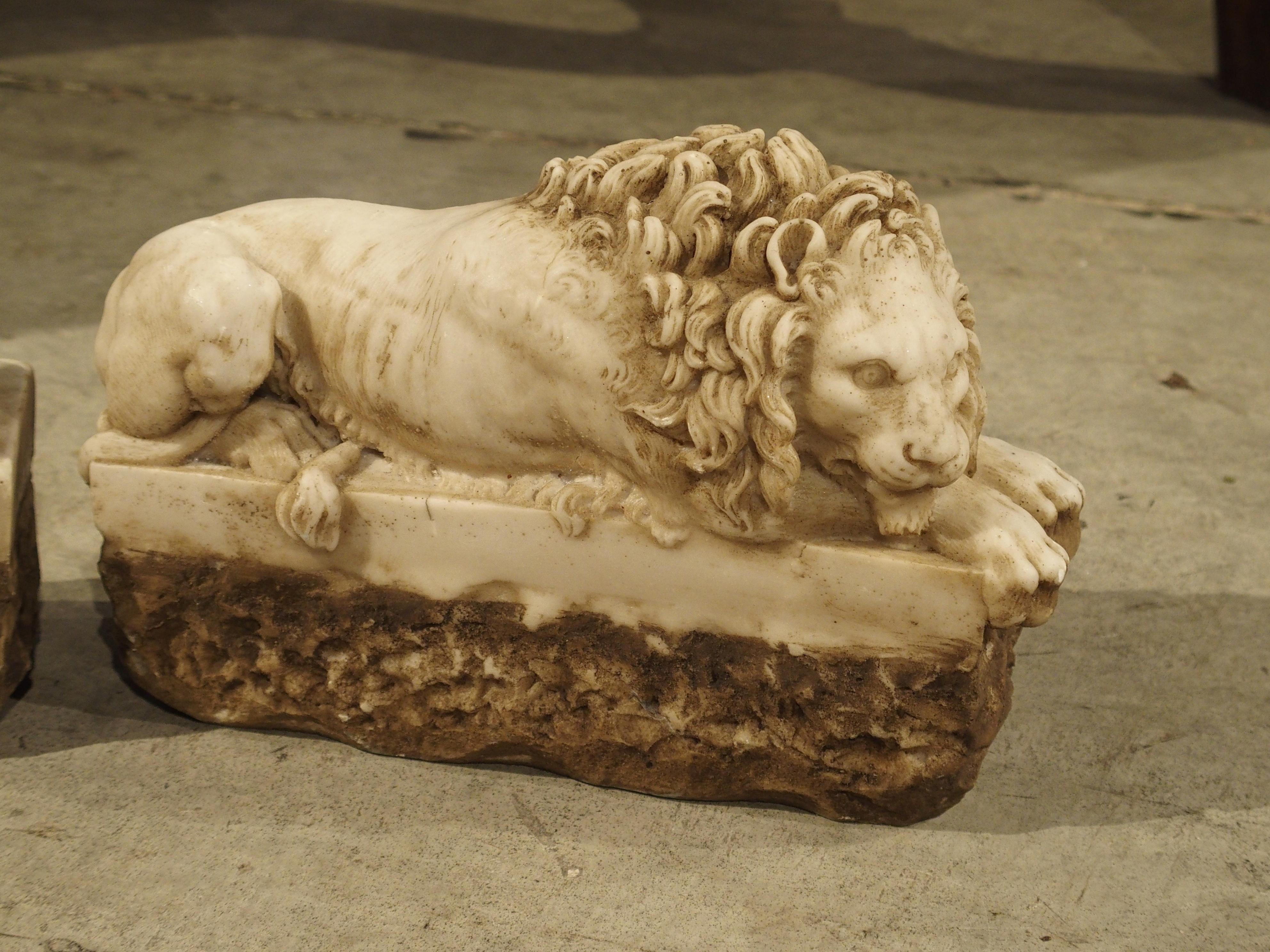 Pair of Small Italian Carved Lions, The Sleeping and The Vigilant In Good Condition In Dallas, TX