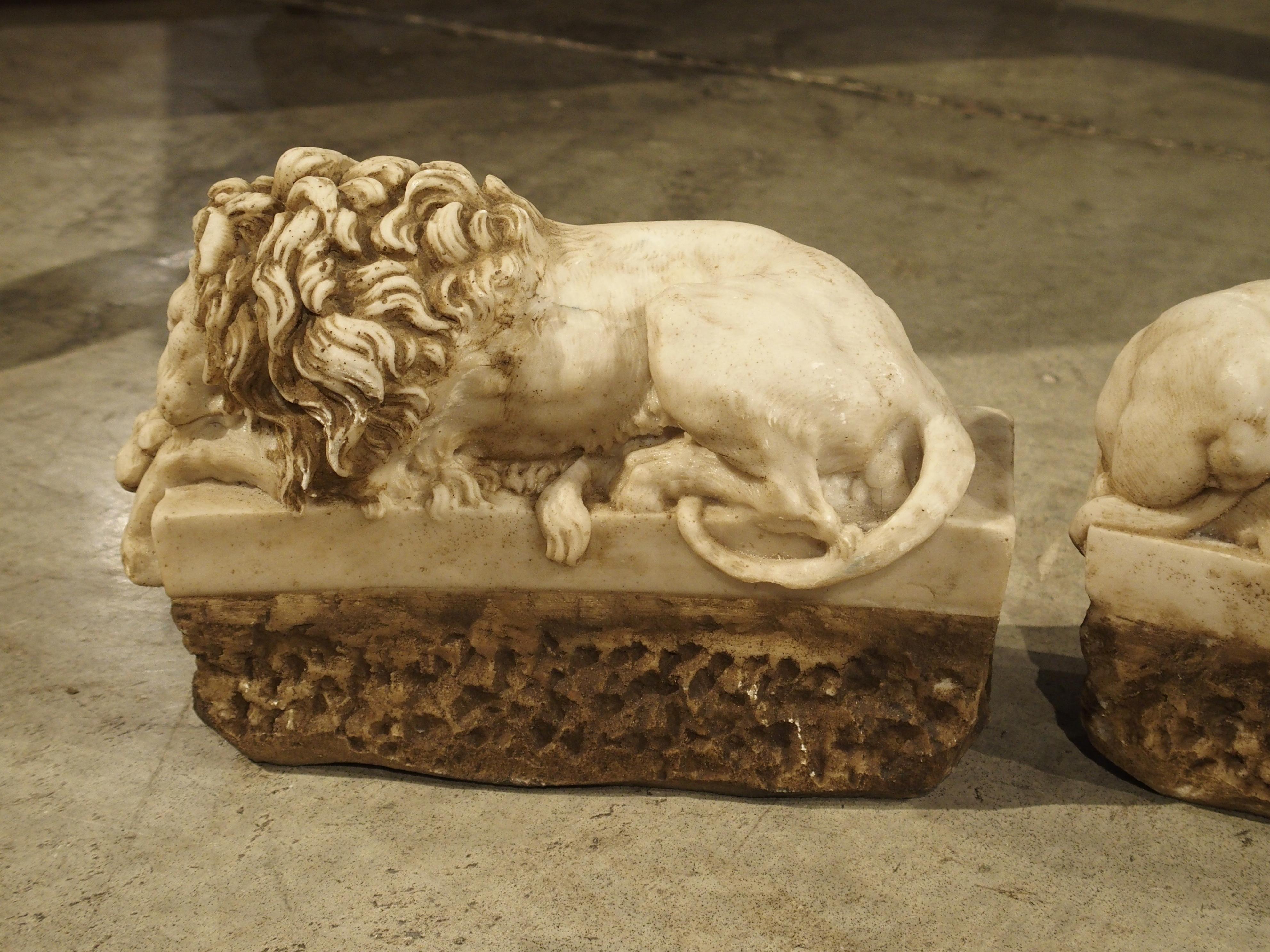 Contemporary Pair of Small Italian Carved Lions, The Sleeping and The Vigilant