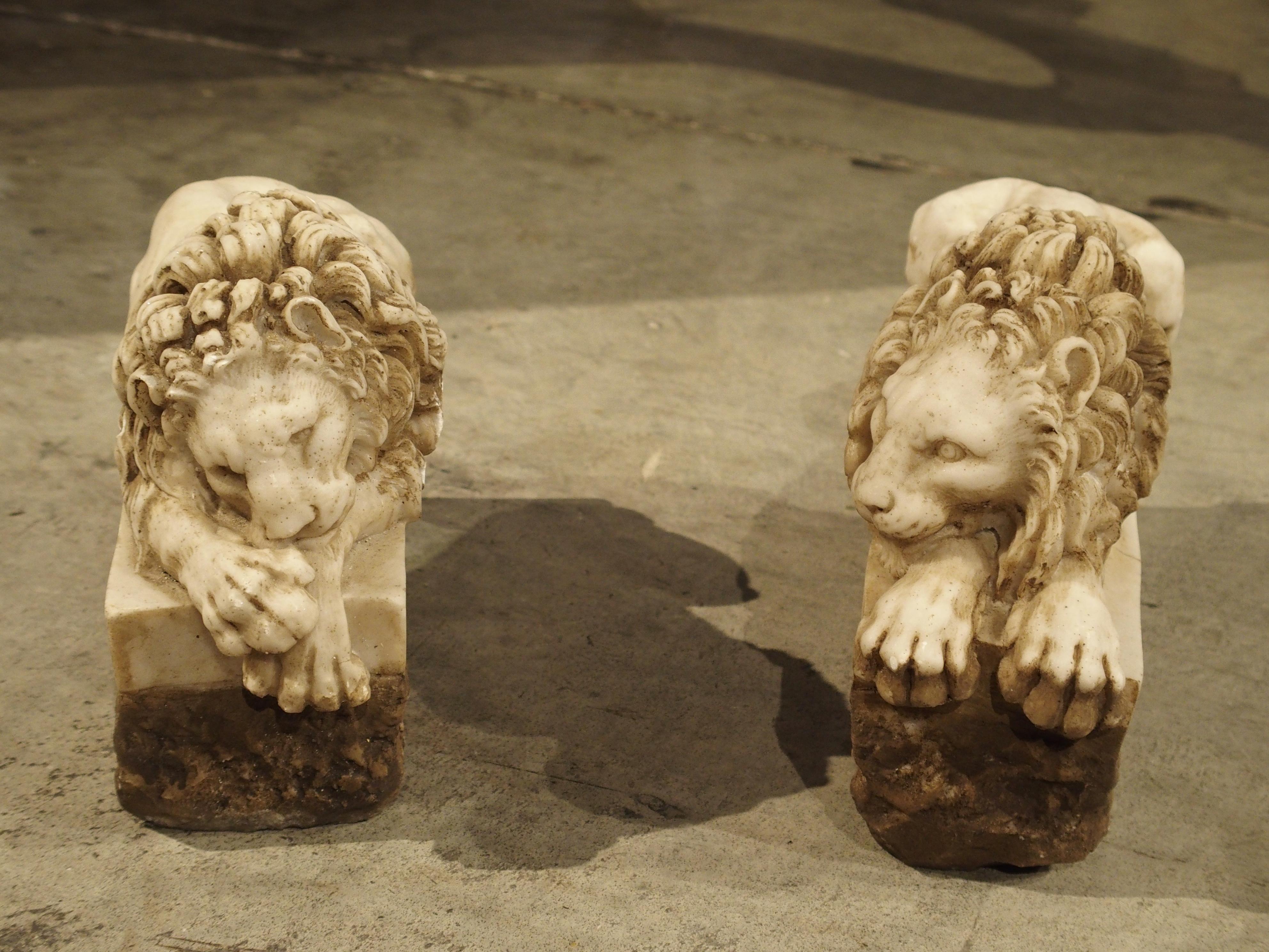 Alabaster Pair of Small Italian Carved Lions, The Sleeping and The Vigilant
