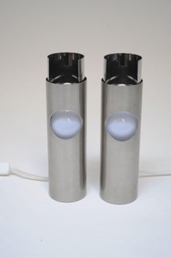 Pair of Small Italian Cylindrical Aluminum Bedside Lamps by Gaetano Missaglia