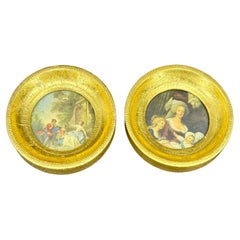 Pareja de Pequeños Marcos de Fotos Redondos Italianos Florentinos Dorados en Oro