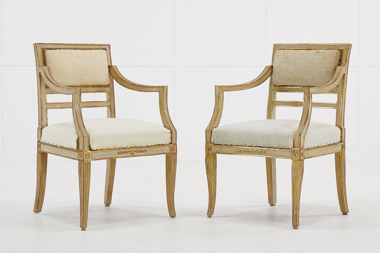 Pair of small Italian gilt and paint chairs stripped back to their calico, circa 1910.

Measures: Seat height 41cm
Seat depth 41.5cm.