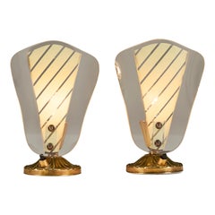Pair of small Italian glass and brass table lamps with striped glass Pair of small Italian glass and brass table lamps with striped glass