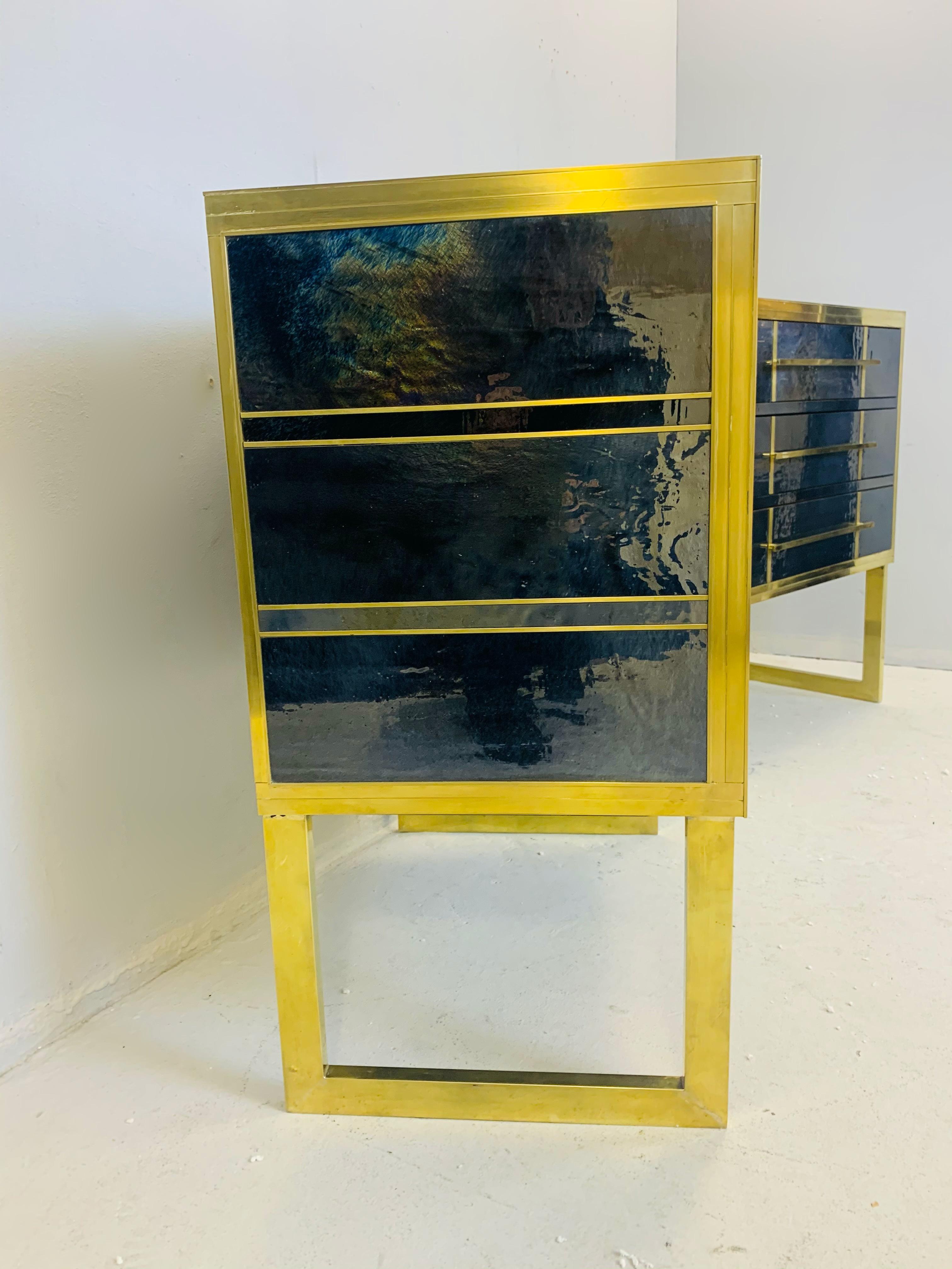 Mid-Century Modern Pair of Small Italian Pearl Glass and Brass Chest of Drawers