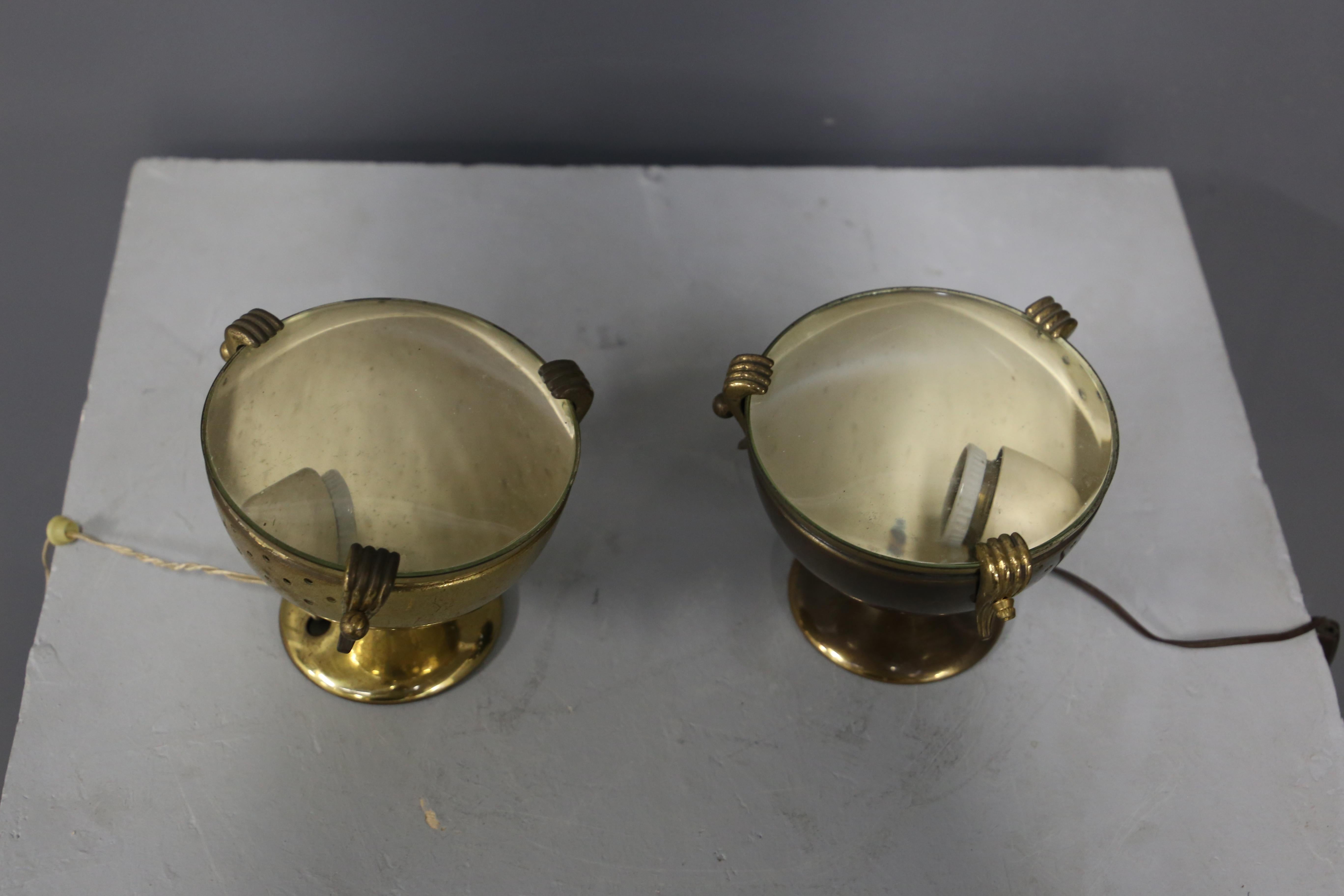 Mid-20th Century Pair of Small Italian Vintage Abat Jour in Brass and Thick Glass