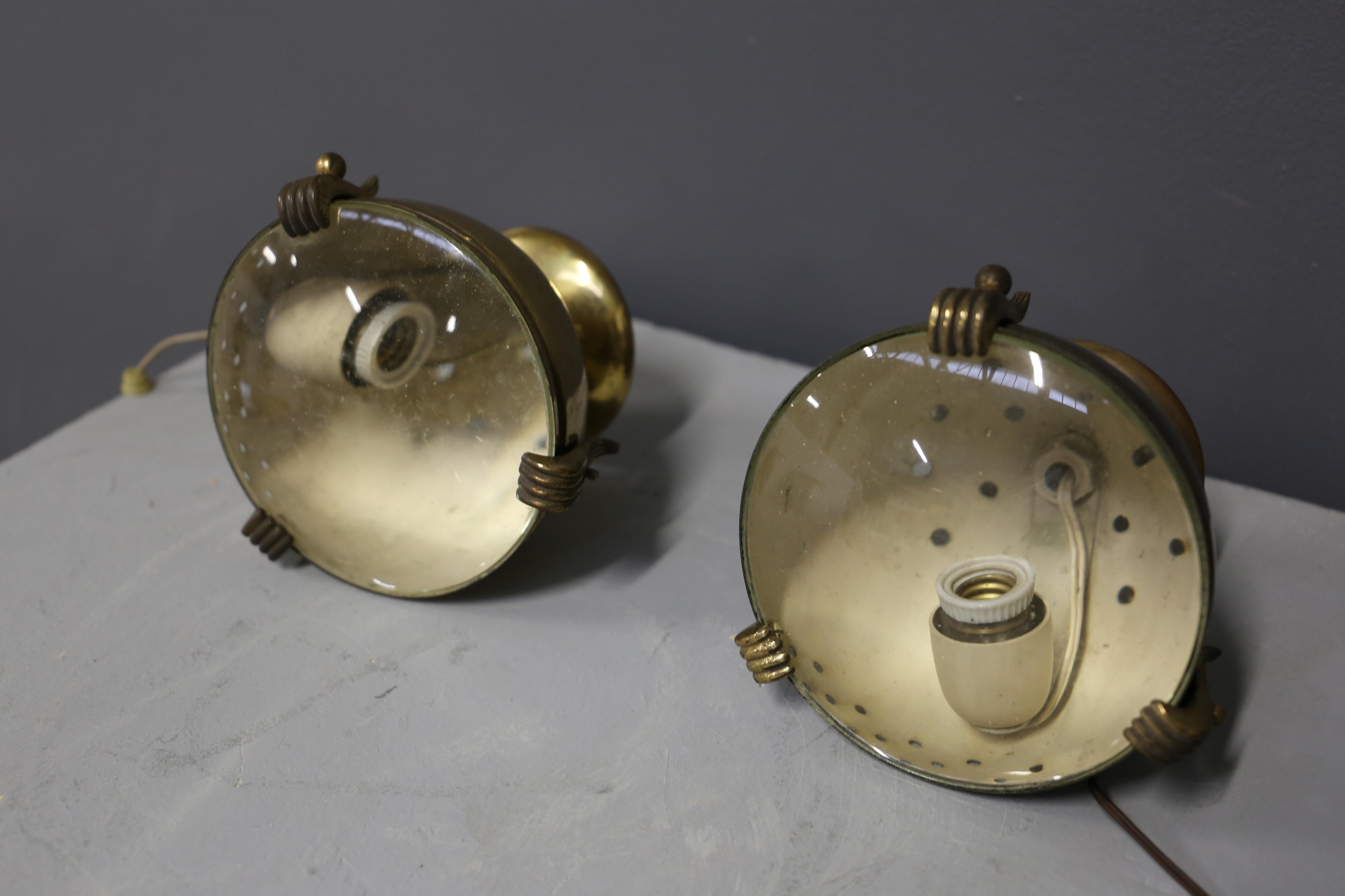 Pair of Small Italian Vintage Abat Jour in Brass and Thick Glass 1