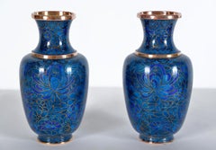 Pair of Small Japanese Cloisonne Enamel Copper Flower Posy Vases Art Deco 1940s