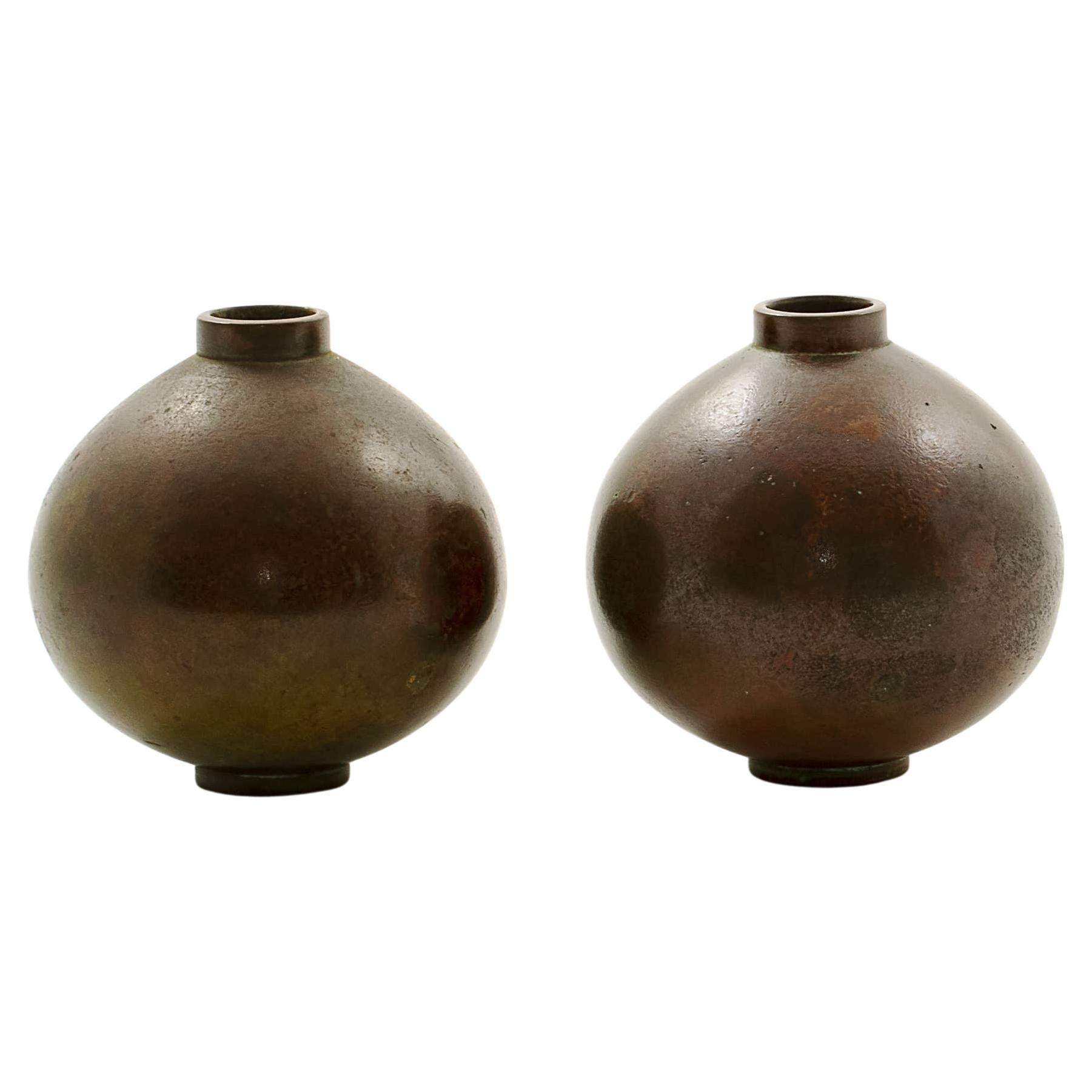 Pair of Small Japanese Ikebana Bronze Vases by Hasegawa Gasen