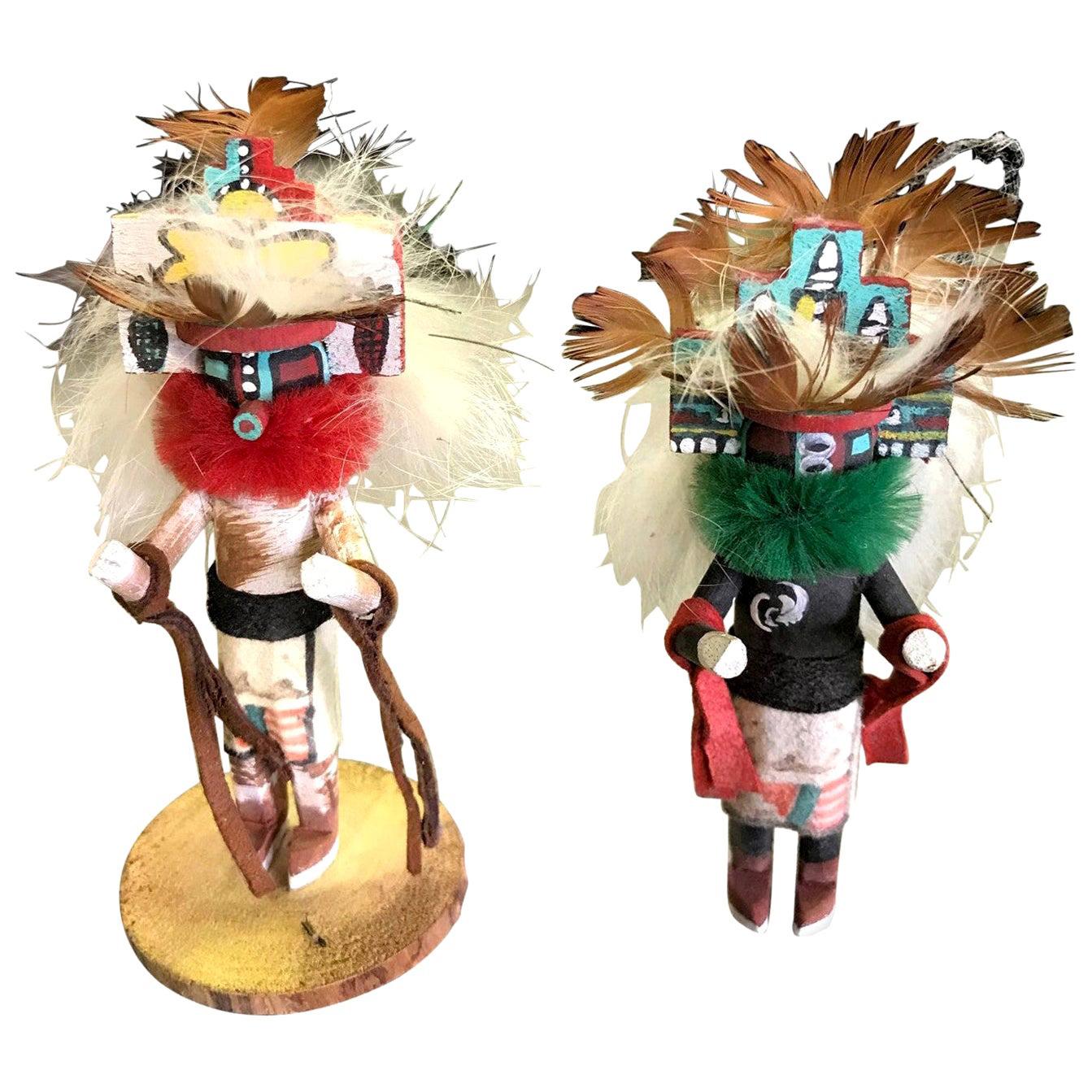 Pair of Small Kachina Katsina Dolls Hand Carved Decorated Signed by Artist For Sale