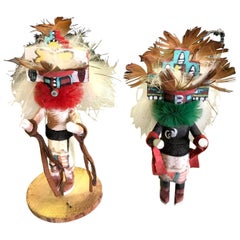 Pair of Small Kachina Katsina Dolls Hand Carved Decorated Signed by Artist