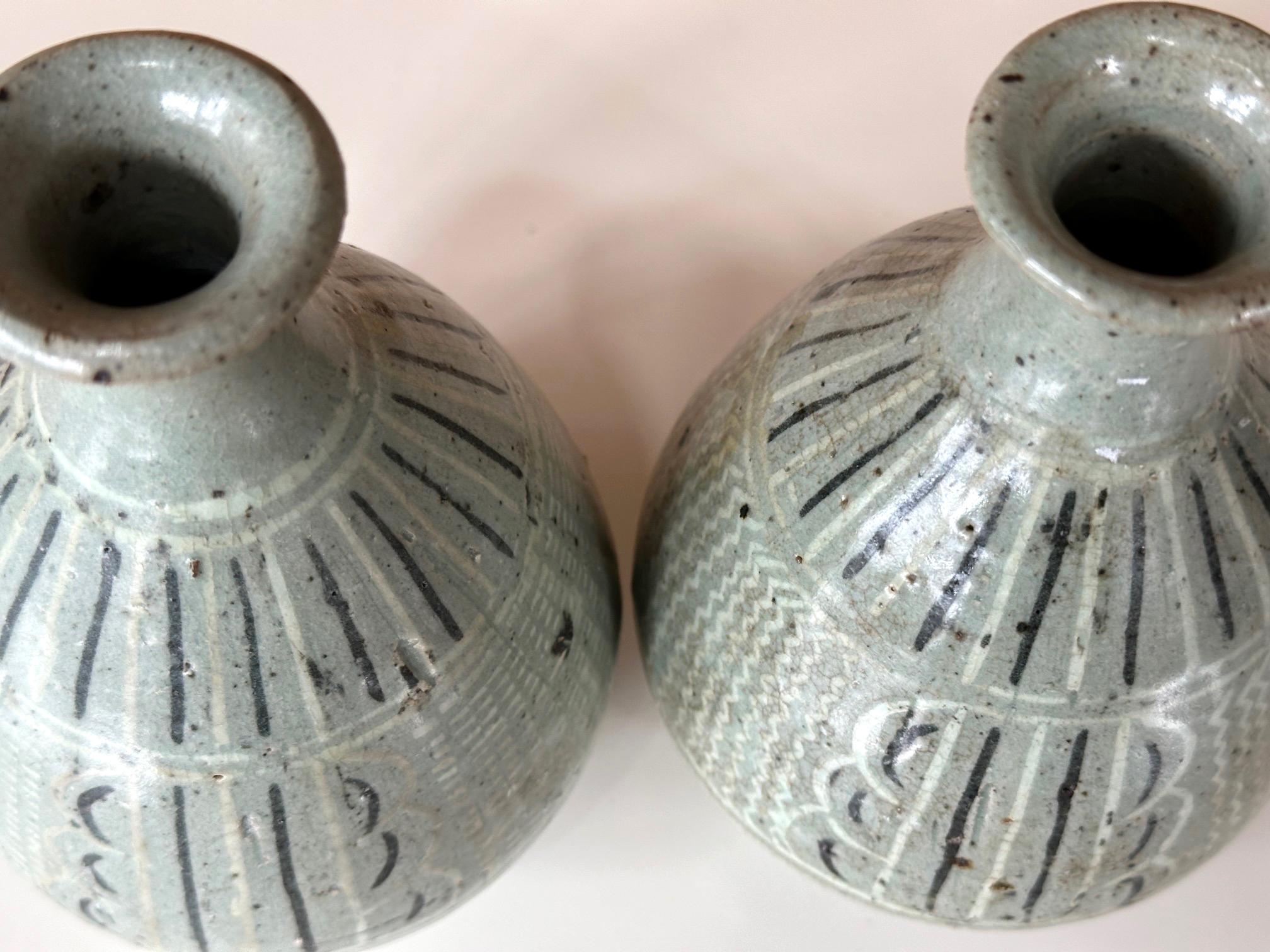 Pair of Small Korean Celadon Inlay Vases Goryeo Dynasty For Sale 6