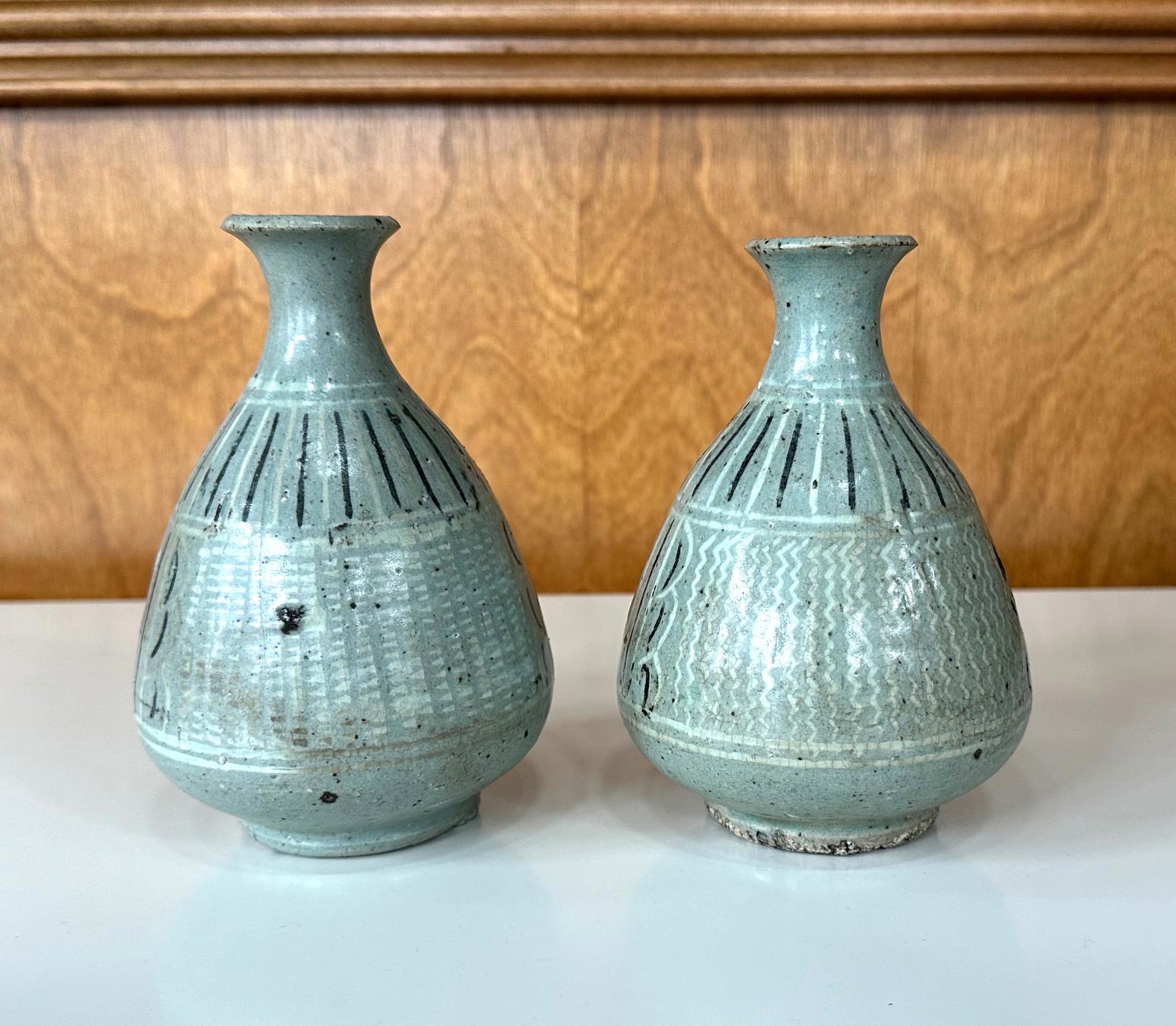Archaistic Pair of Small Korean Celadon Inlay Vases Goryeo Dynasty For Sale