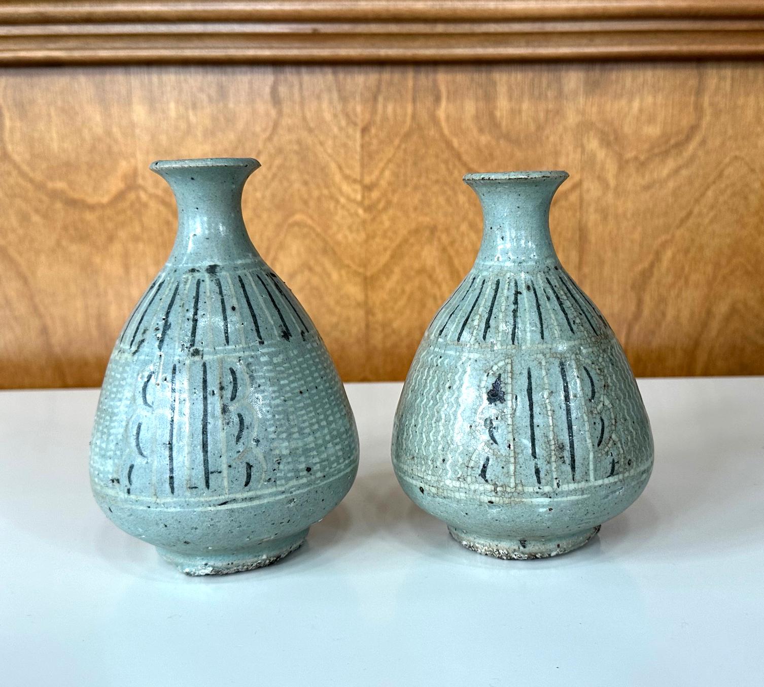 Archaistic Pair of Small Korean Celadon Inlay Vases Goryeo Dynasty For Sale