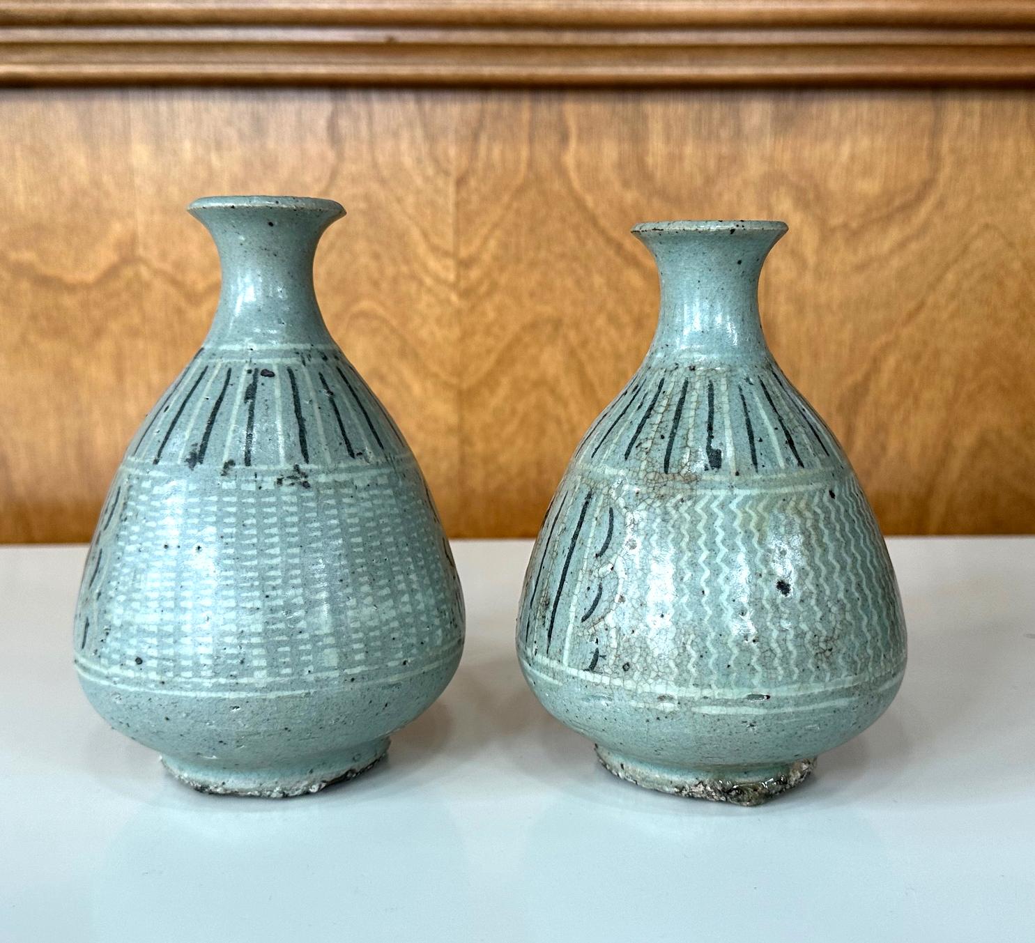 18th Century and Earlier Pair of Small Korean Celadon Inlay Vases Goryeo Dynasty For Sale