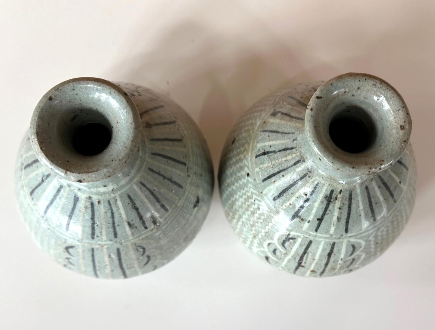 Ceramic Pair of Small Korean Celadon Inlay Vases Goryeo Dynasty For Sale
