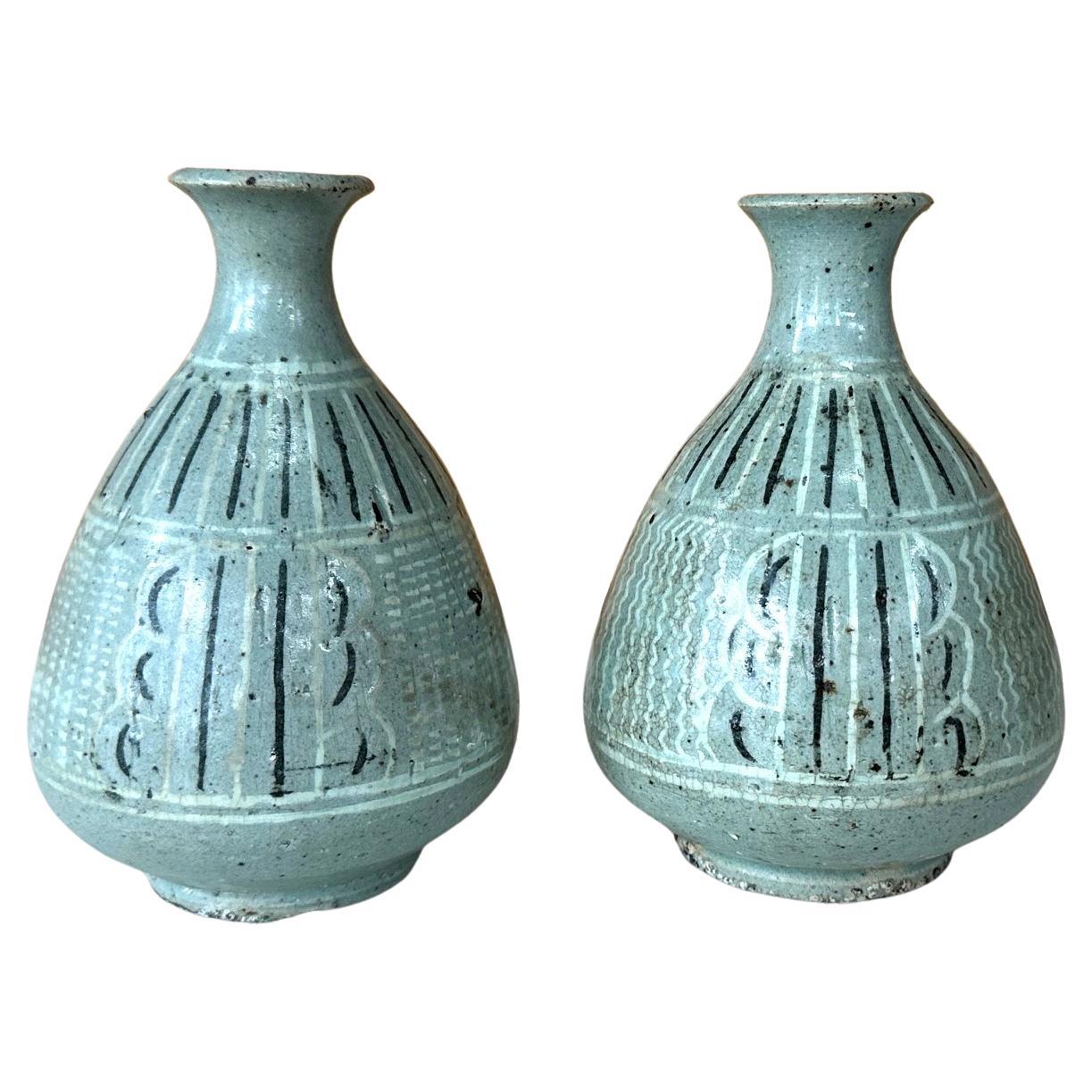 Pair of Small Korean Celadon Inlay Vases Goryeo Dynasty For Sale
