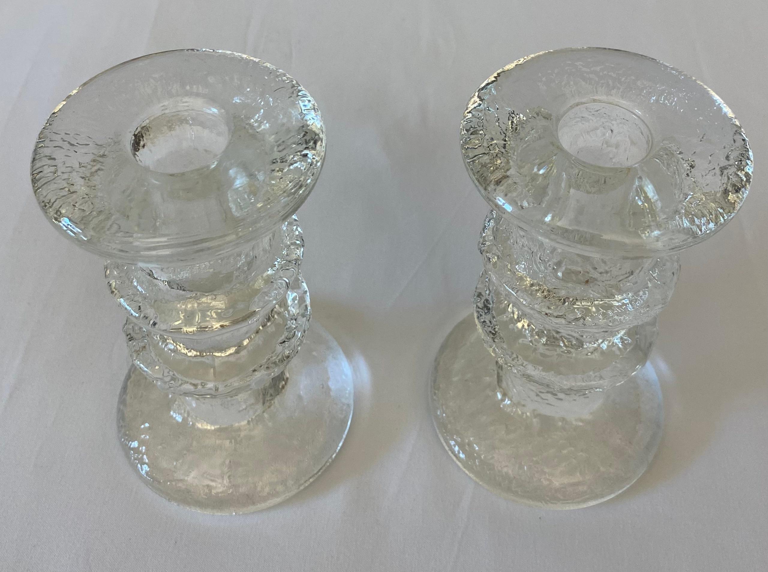 Pair of Small Crystal Candle Holders in the Style of Kosta Boda  In Good Condition For Sale In Miami, FL