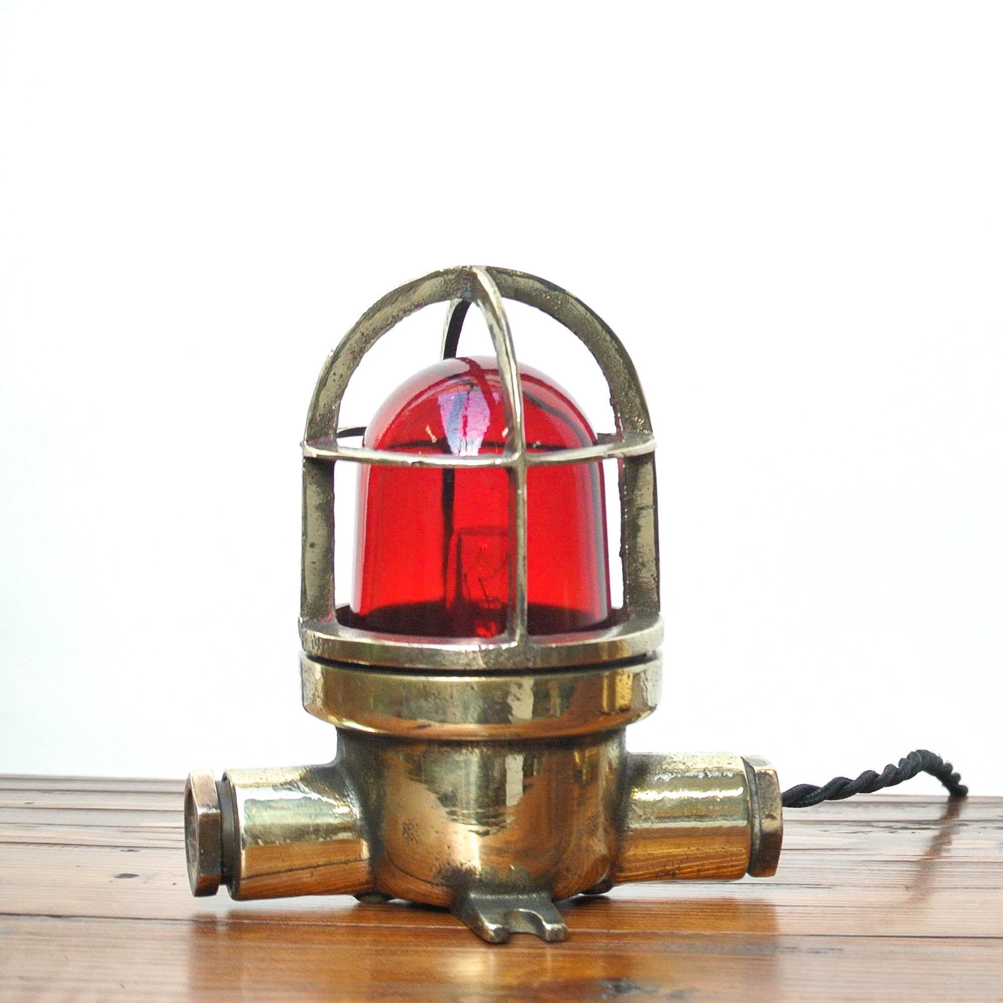 Industrial Pair of Small Lamp in Brass with Red Glass, France, circa 1950-1959