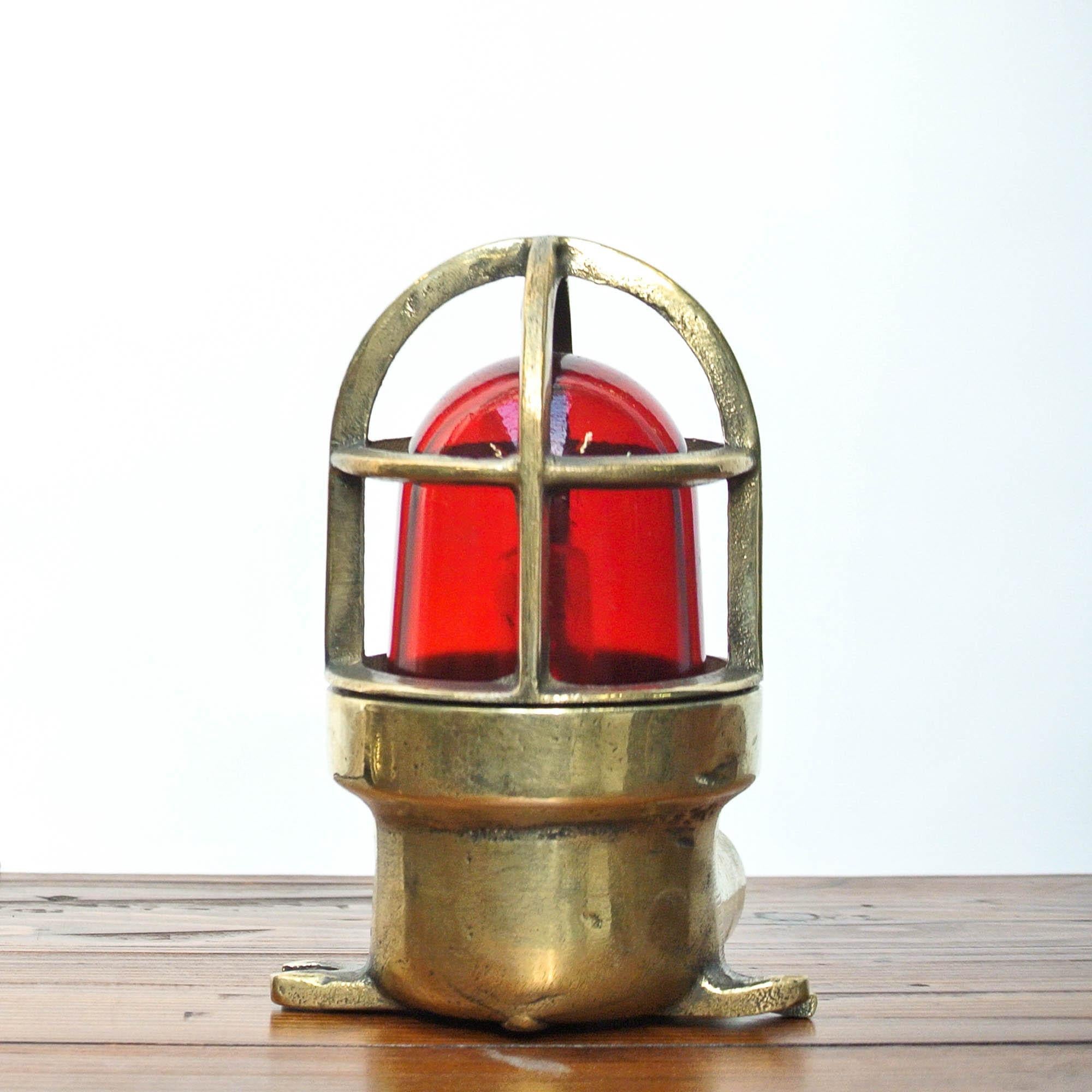 Polished Pair of Small Lamp in Brass with Red Glass, France, circa 1950-1959