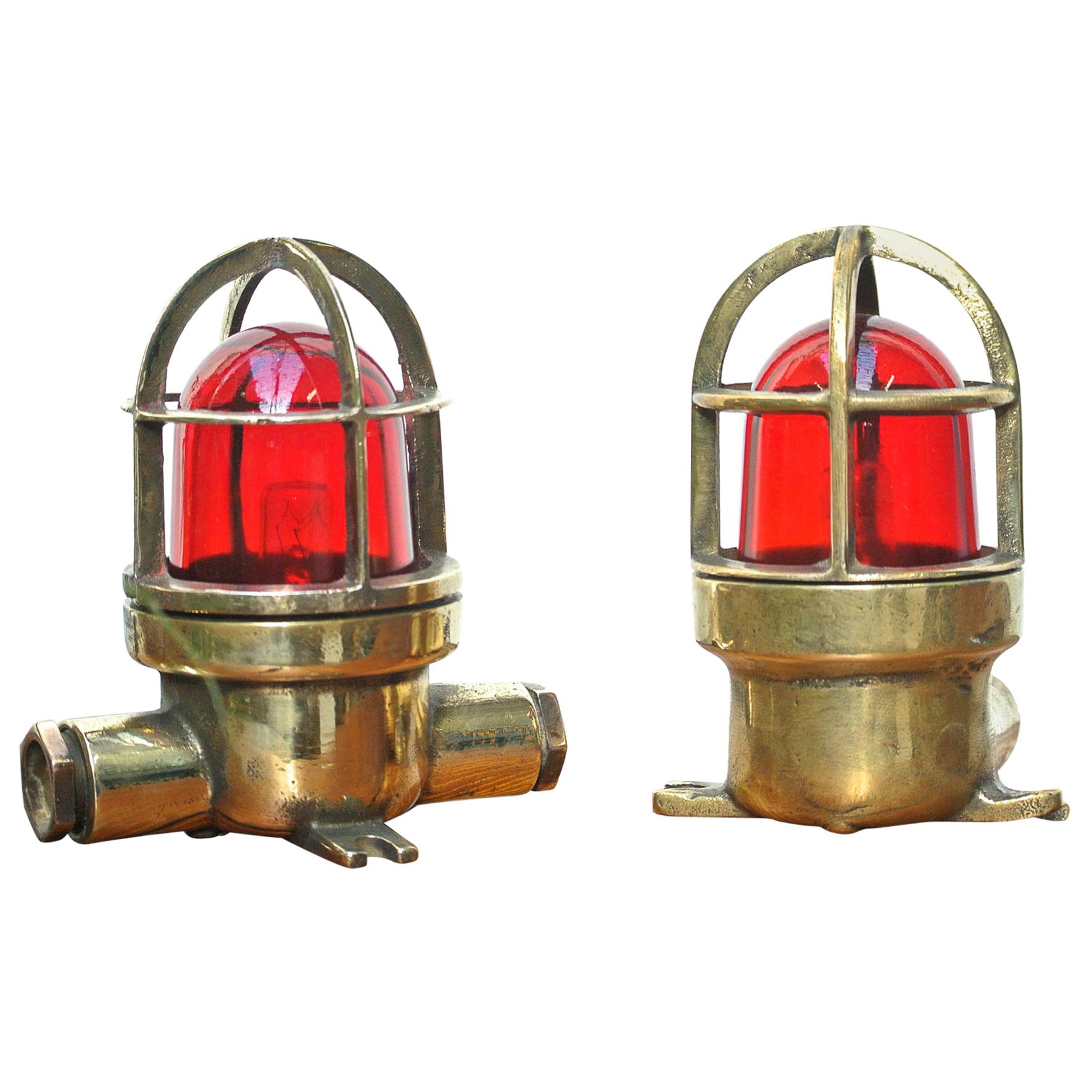 Pair of Small Lamp in Brass with Red Glass, France, circa 1950-1959