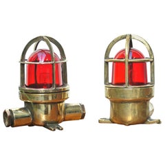 Pair of Small Lamp in Brass with Red Glass, France, circa 1950-1959
