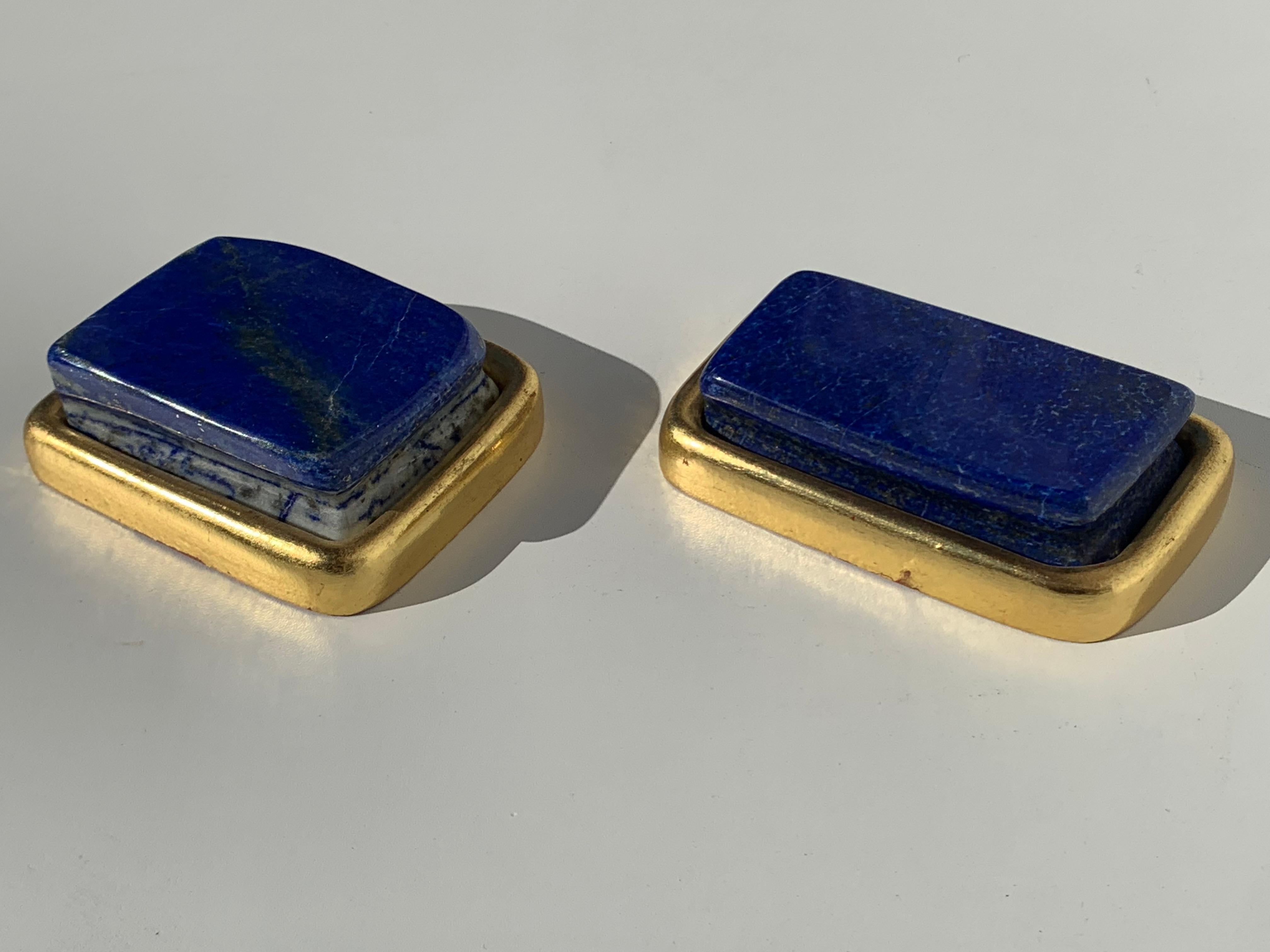 Hollywood Regency Pair of Small Lapis Lazuli and Gold Paper Weights