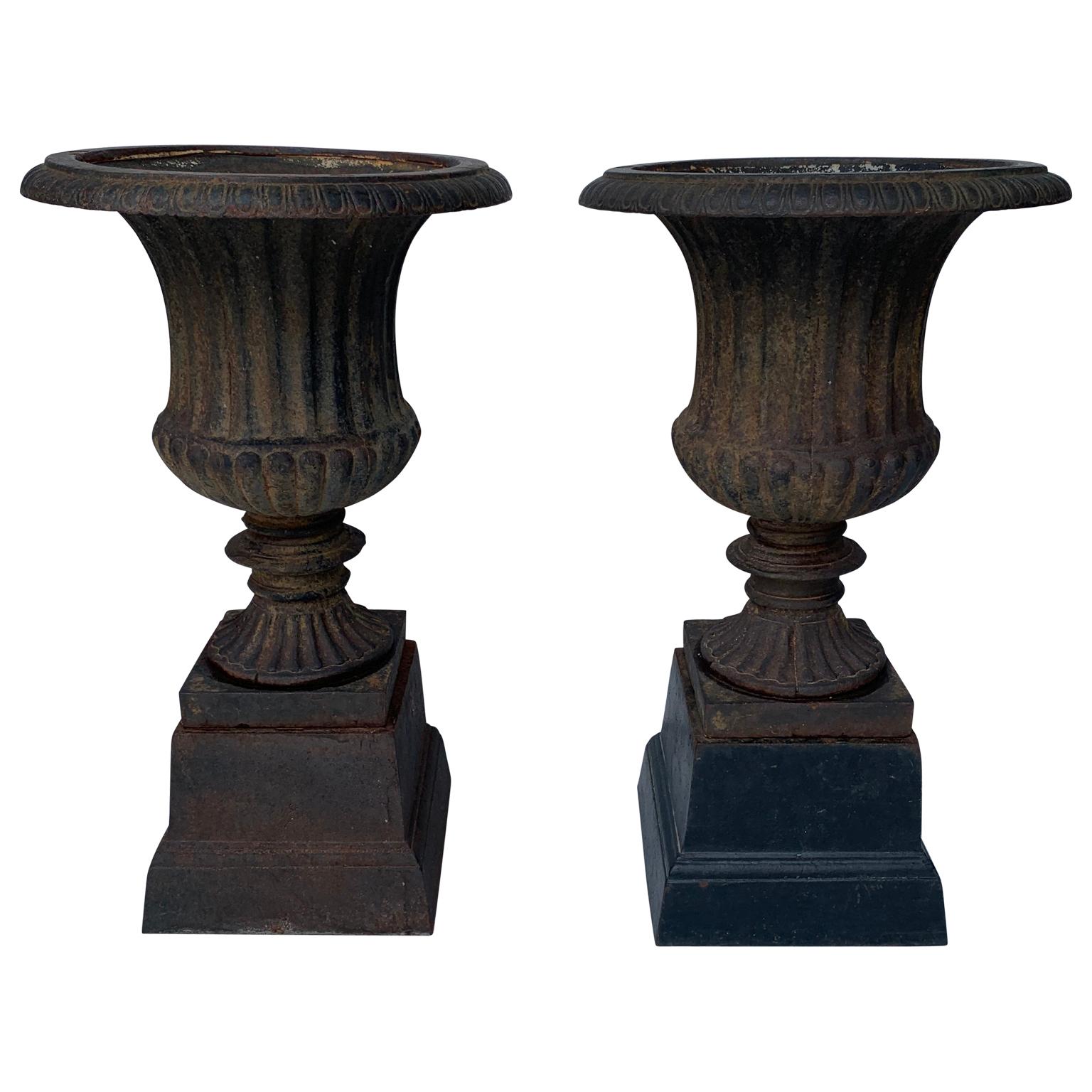 Pair of small late 19th century cast iron urns on stands.