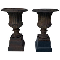 Pair Of Small Late 19th Century Cast Iron Urns On Stands