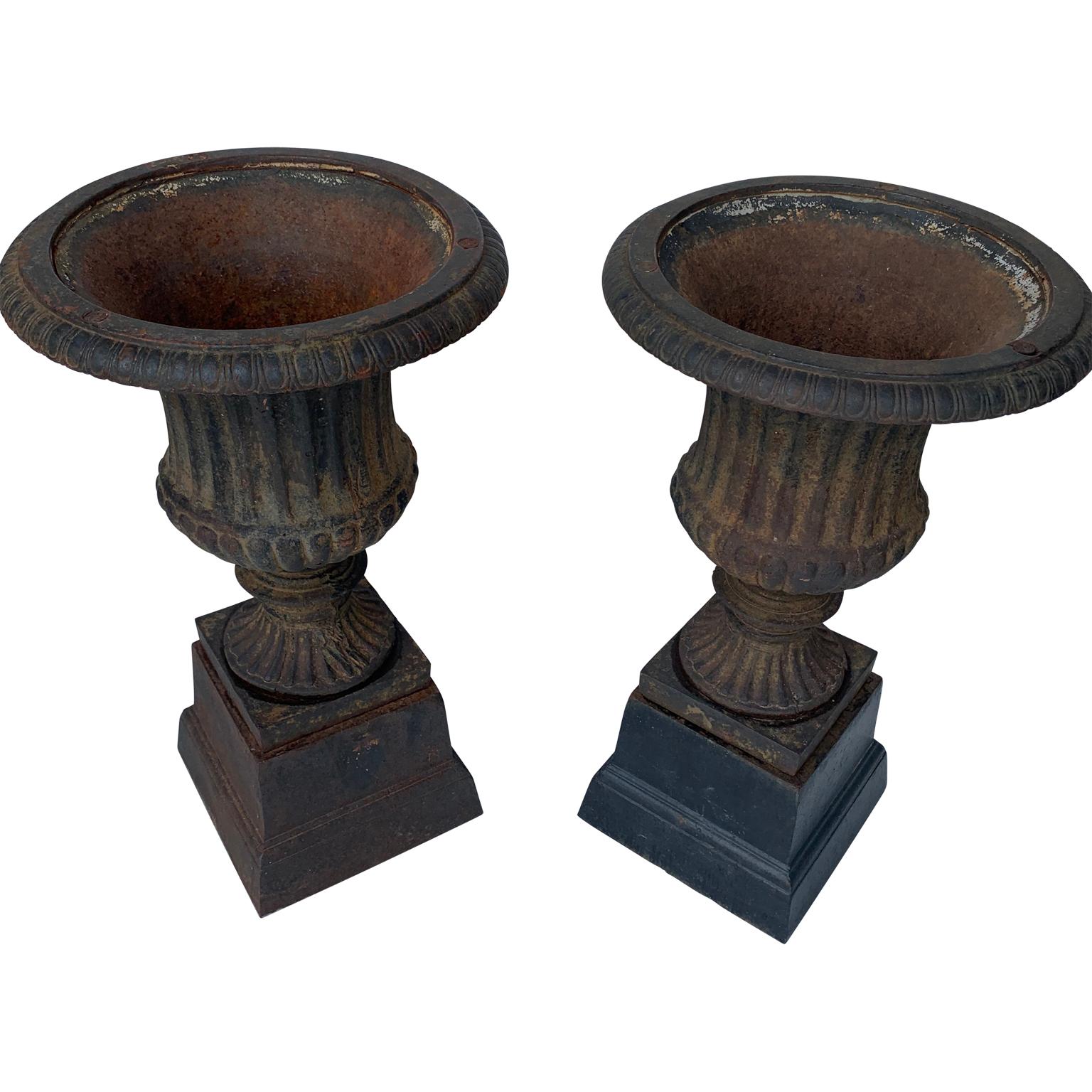 American Pair Of Small Late 19th Century Cast Iron Urns On Stands