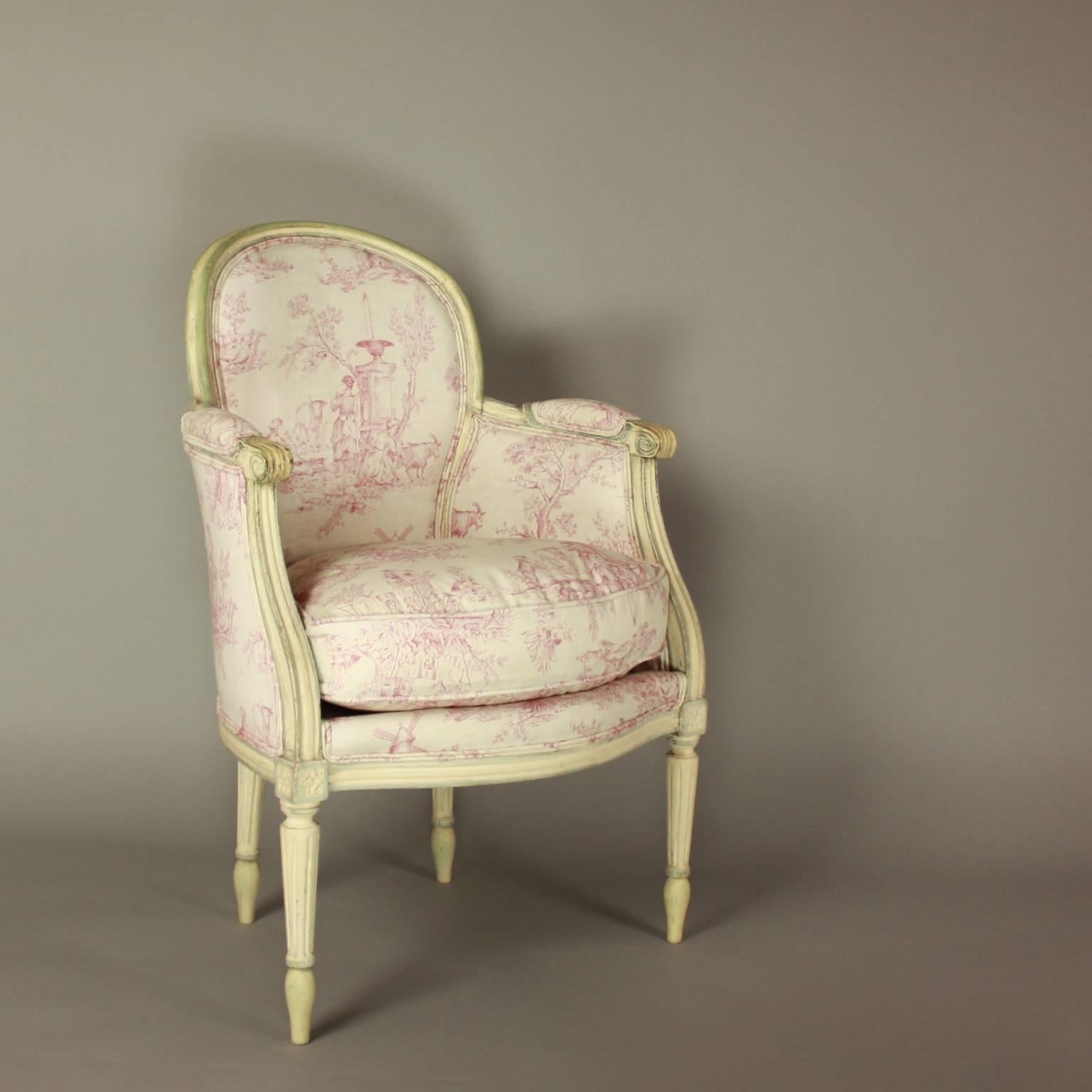 Beech Pair of French 19th Century Louis XVI Style Painted Wood Armchairs or Bèrgères