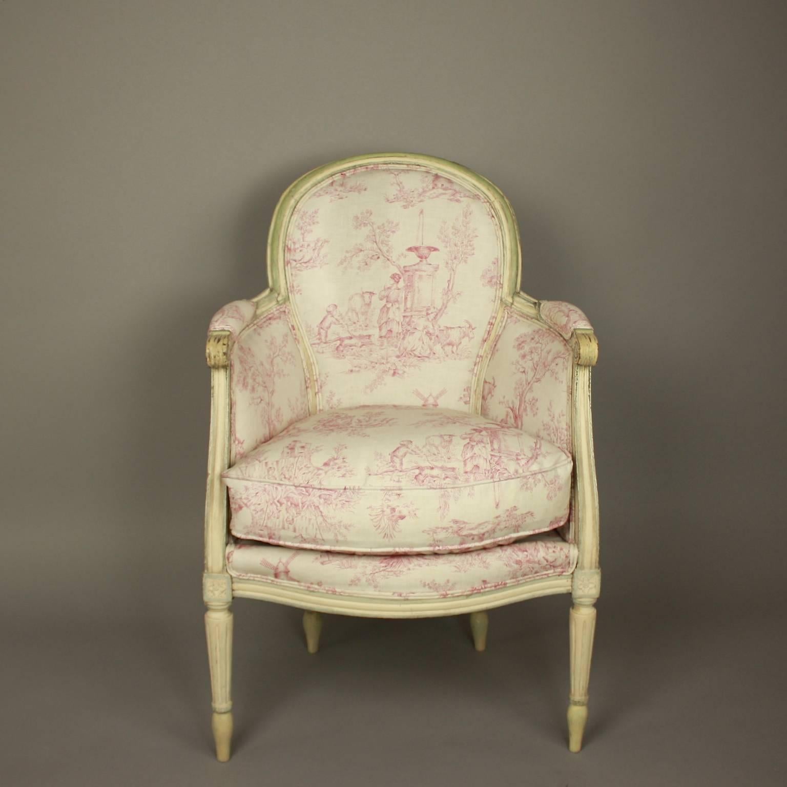 Pair of French 19th Century Louis XVI Style Painted Wood Armchairs or Bèrgères 1