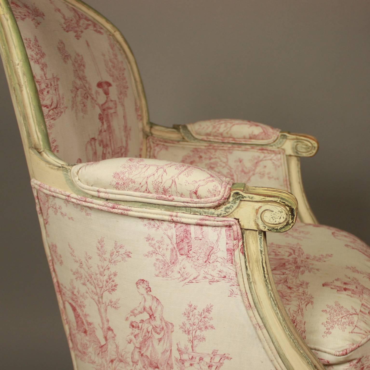 Pair of French 19th Century Louis XVI Style Painted Wood Armchairs or Bèrgères 2