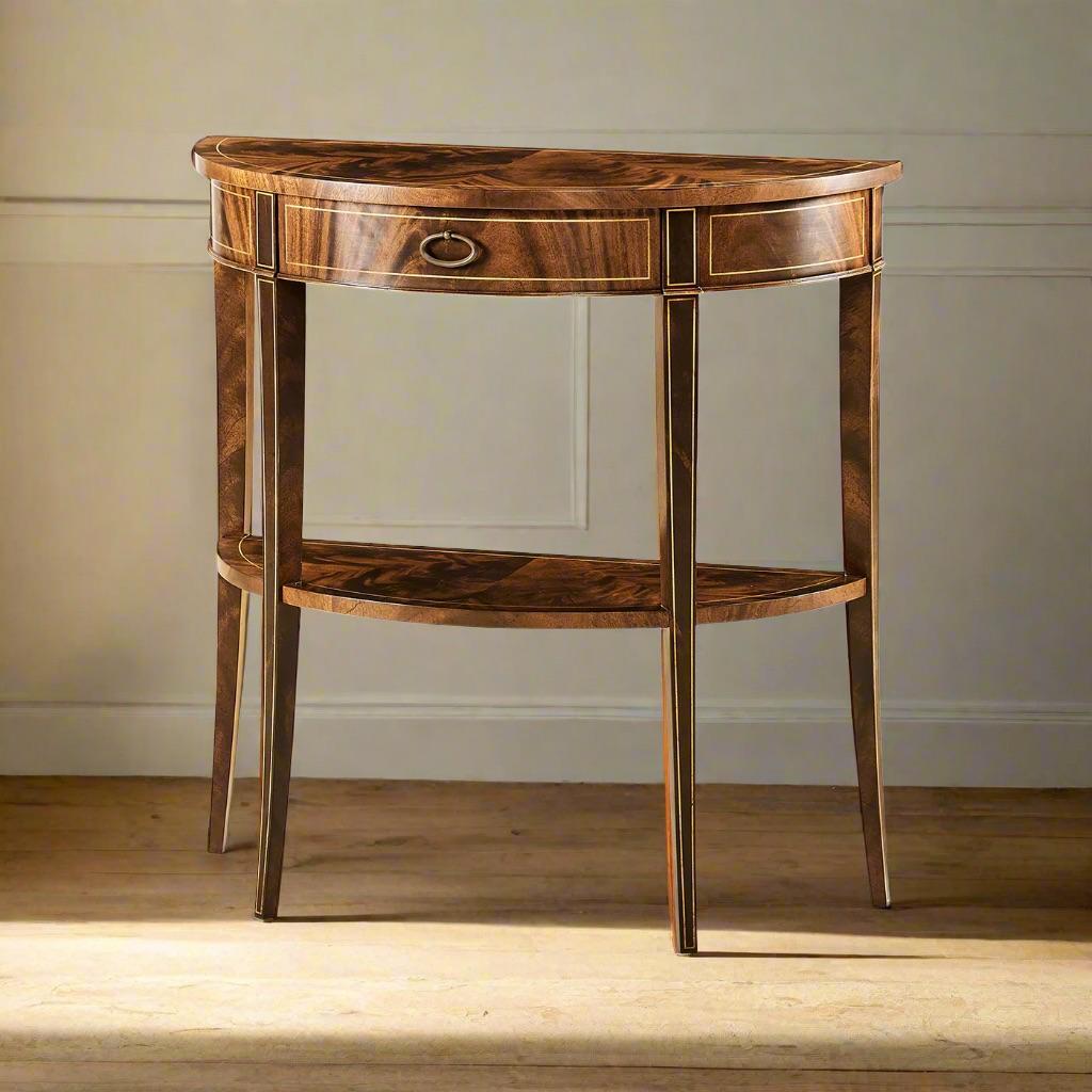 Meticulously handcrafted from rich mahogany veneer, with delicate stringing inlay that highlights its graceful curves to the top and flared tapered legs. A central frieze drawer provides convenient storage, seamlessly blending functionality with