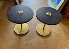 Pair of Signed Marble Top Side Tables with Decorative Pepe Mendoza Brass Bases