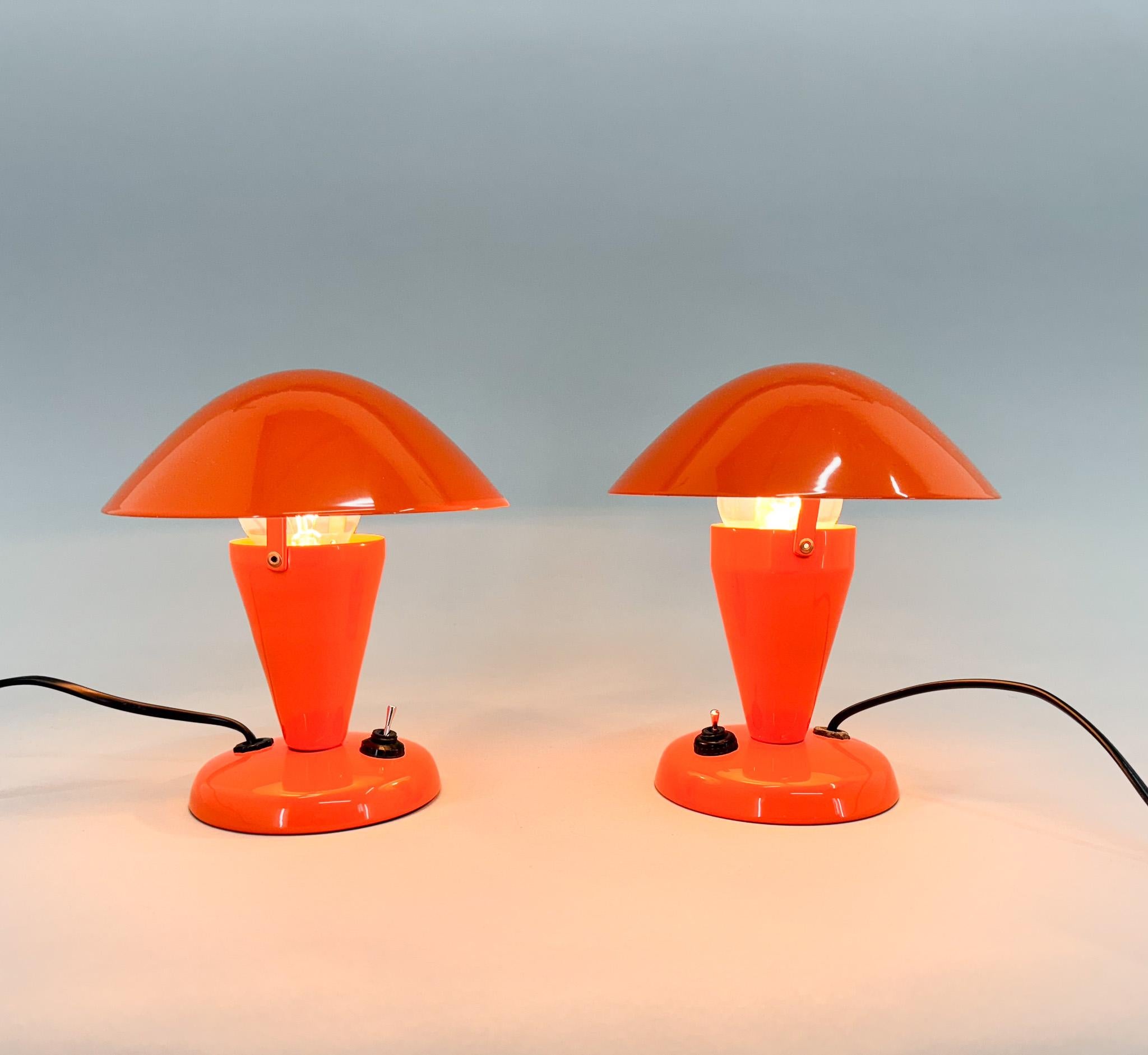 Mid-Century Modern Pair of Small Metal Mushroom Lamps by Napako, Restored, 1970s, Czechoslovakia