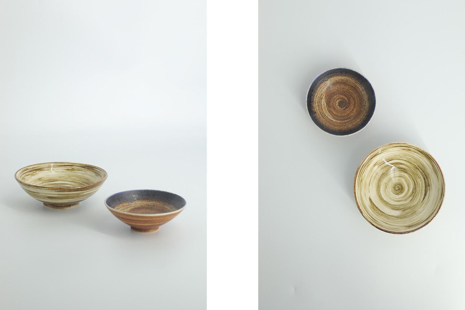 
1. Height 4 cm  Width 11 cm  Depth 11 cm
2. Height 3 cm  Width 9 cm  Depth 9 cm

This set of 2 miniature bowls was designed by Gunnar Borg for the Swedish manufacture Höganäs Keramik during the 1960s. Handmade by the Master, with the utmost care