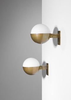 Pair of Small Modern Italian Sconces "Dino" Opaline and Brass Vintage Design
