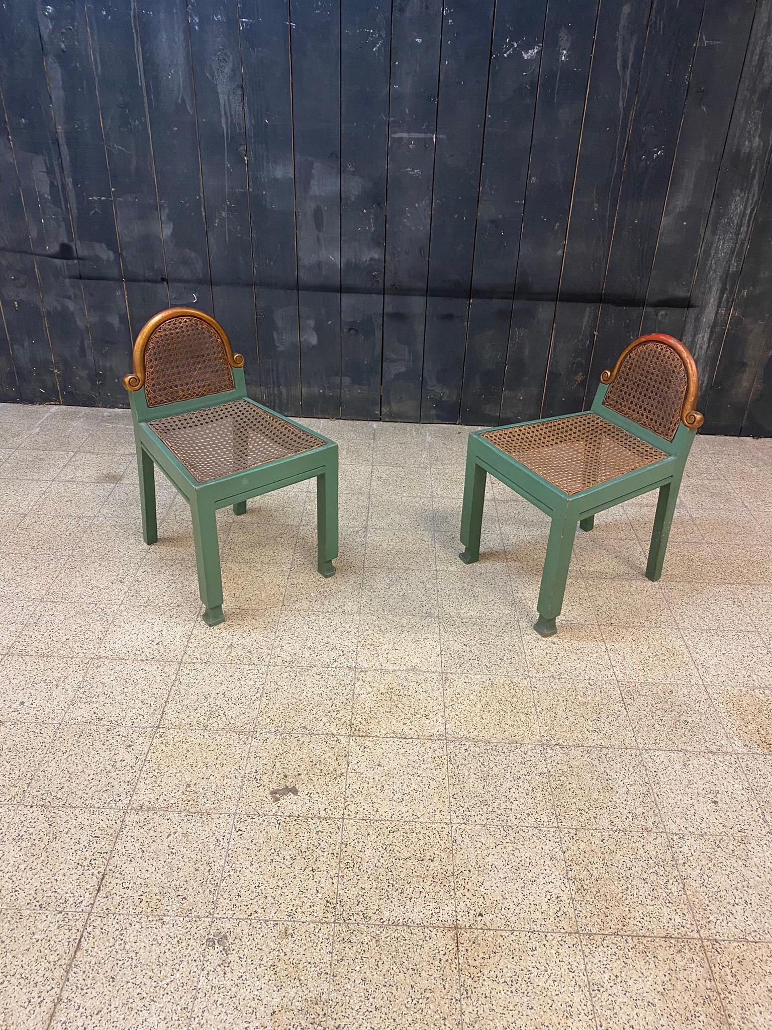 Pair of small modernist chairs in lacquered beech and cane, Belgium circa 1925
relaxed caning, to be reviewed.