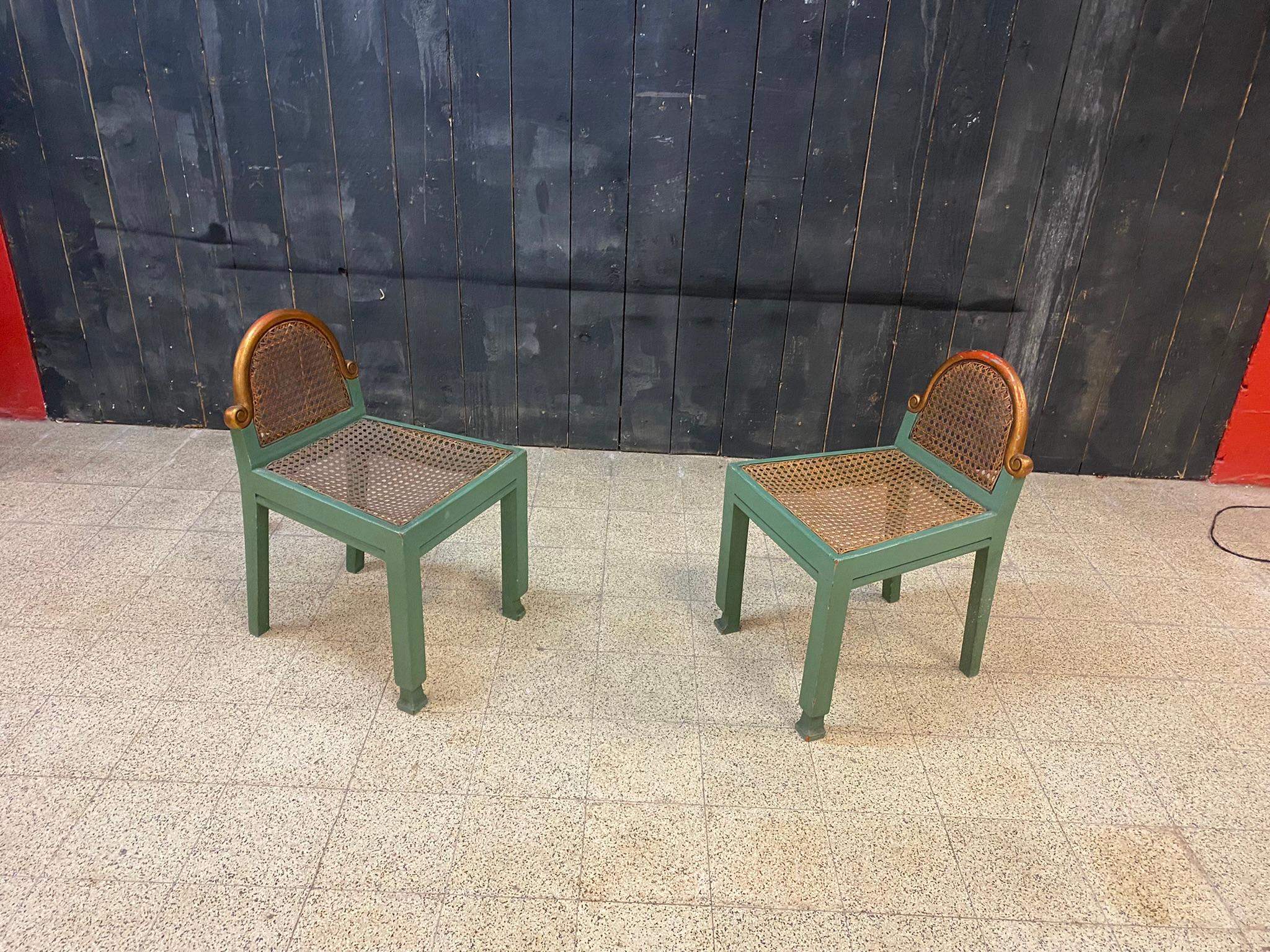 Art Deco Pair of Small Modernist Chairs in Lacquered Beech and Cane, Belgium circa 1925 For Sale