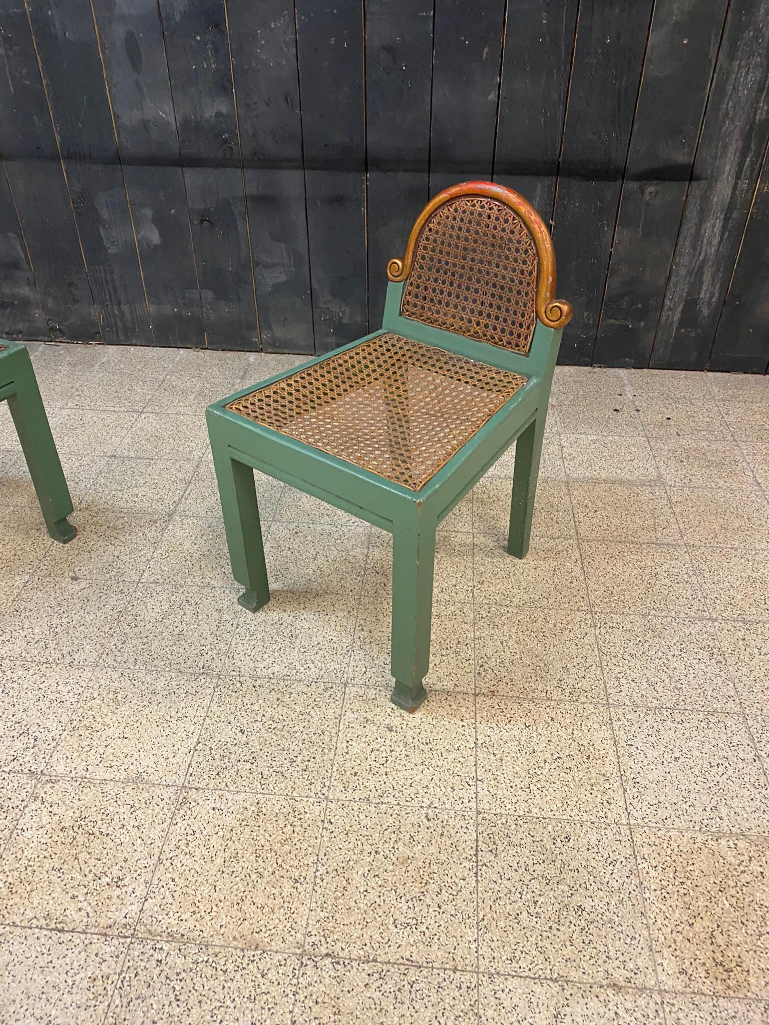 Belgian Pair of Small Modernist Chairs in Lacquered Beech and Cane, Belgium circa 1925 For Sale