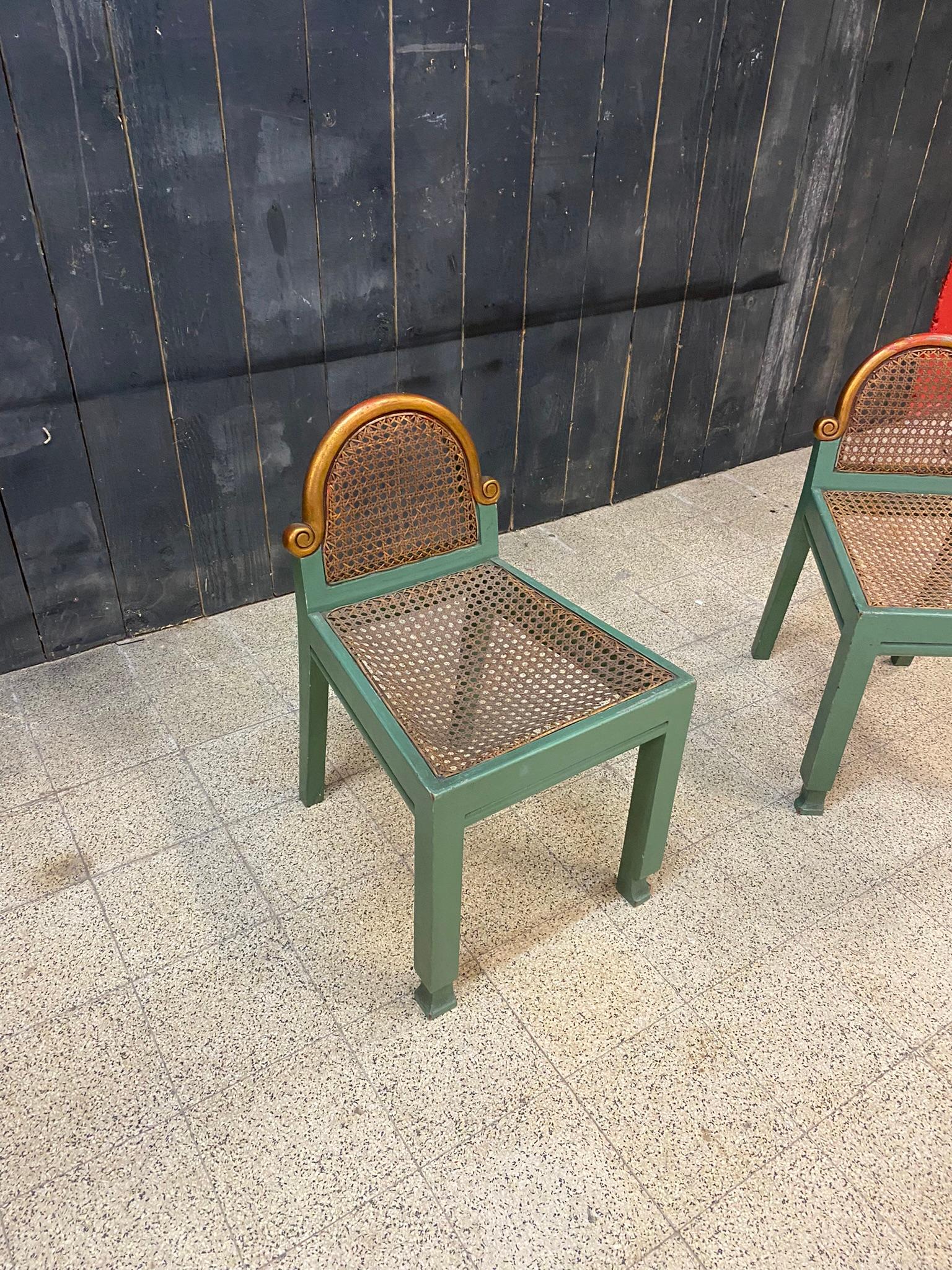 Early 20th Century Pair of Small Modernist Chairs in Lacquered Beech and Cane, Belgium circa 1925 For Sale