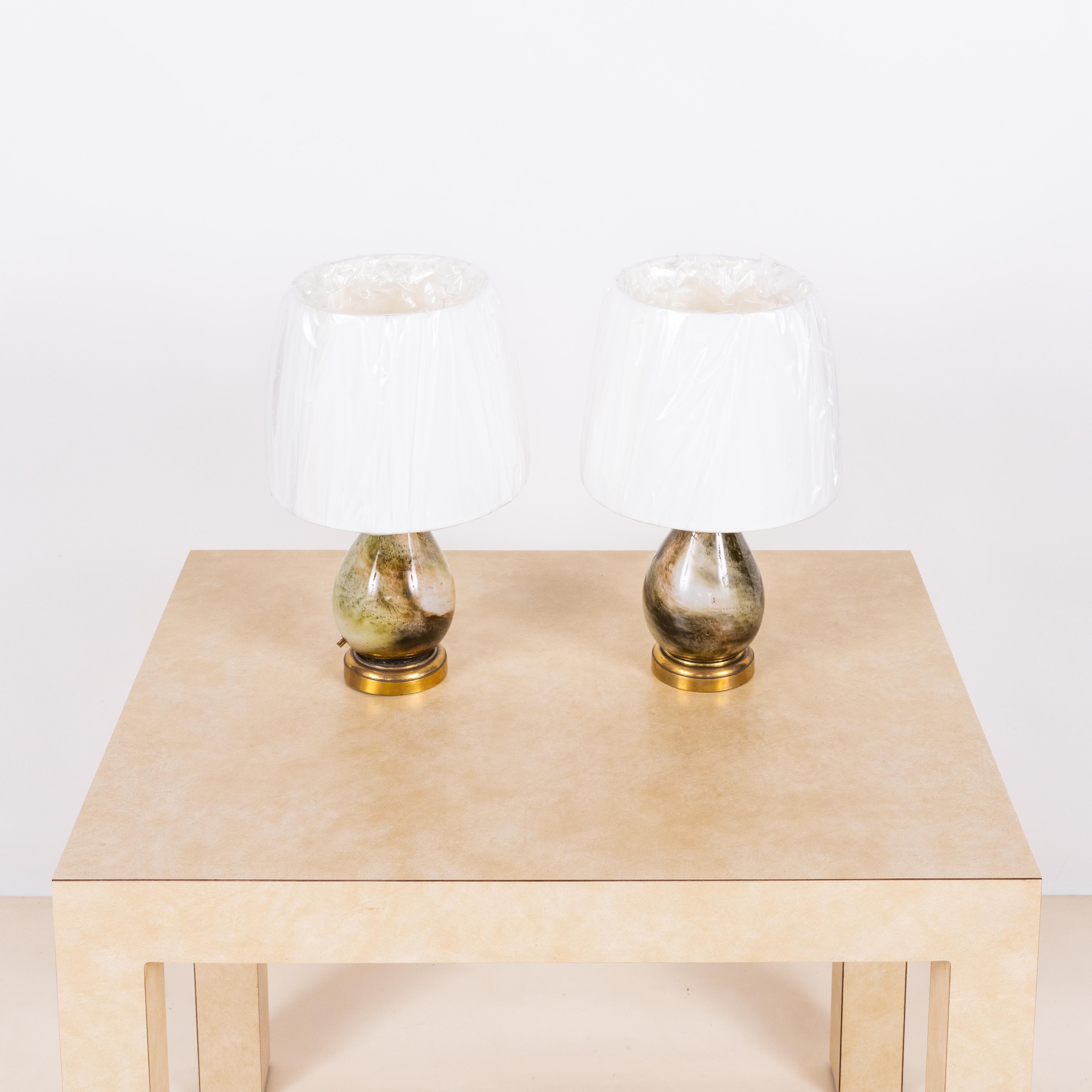 Modern Pair of Small Murano Glass Lamps with Custom Silk Shades For Sale