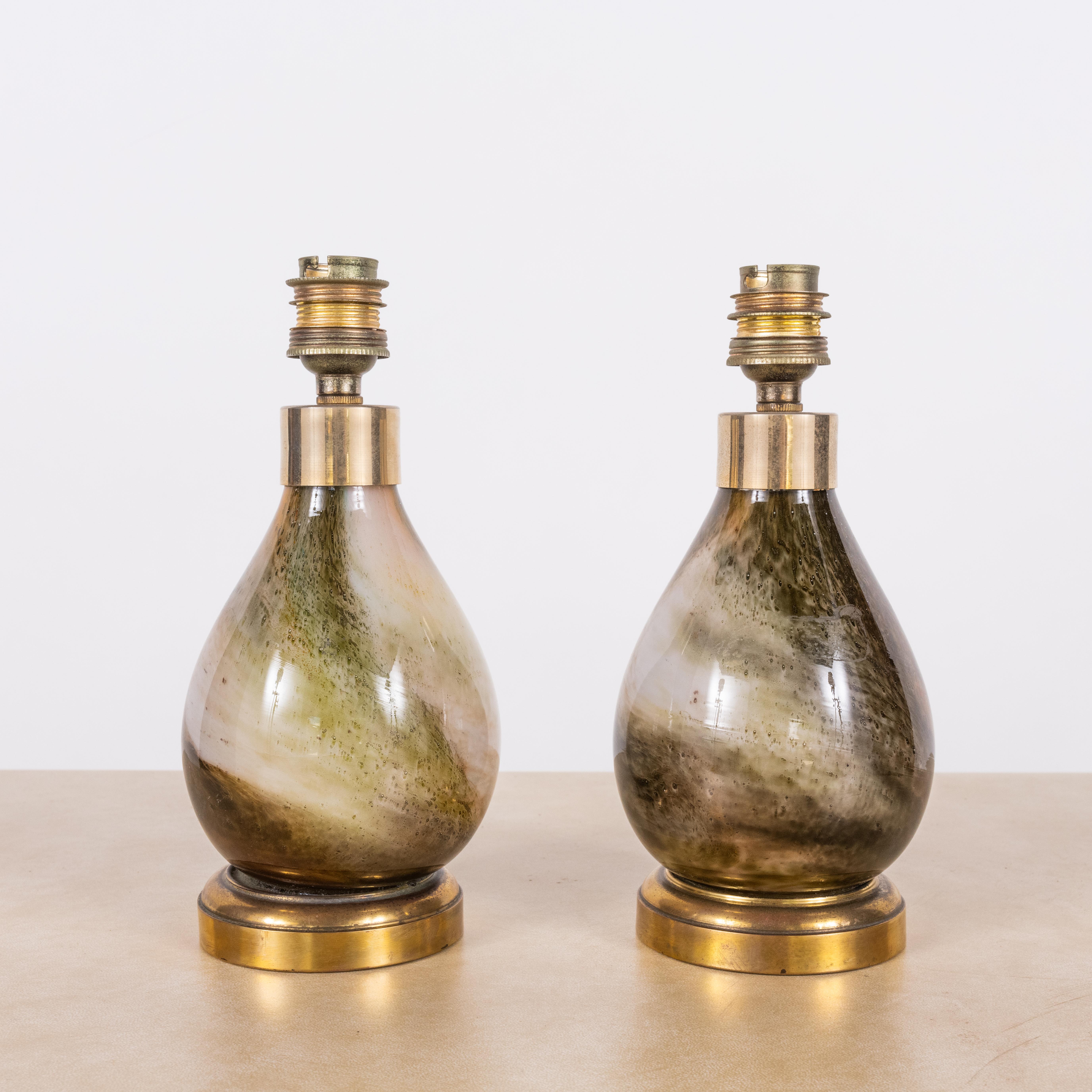 Gilt Pair of Small Murano Glass Lamps with Custom Silk Shades For Sale