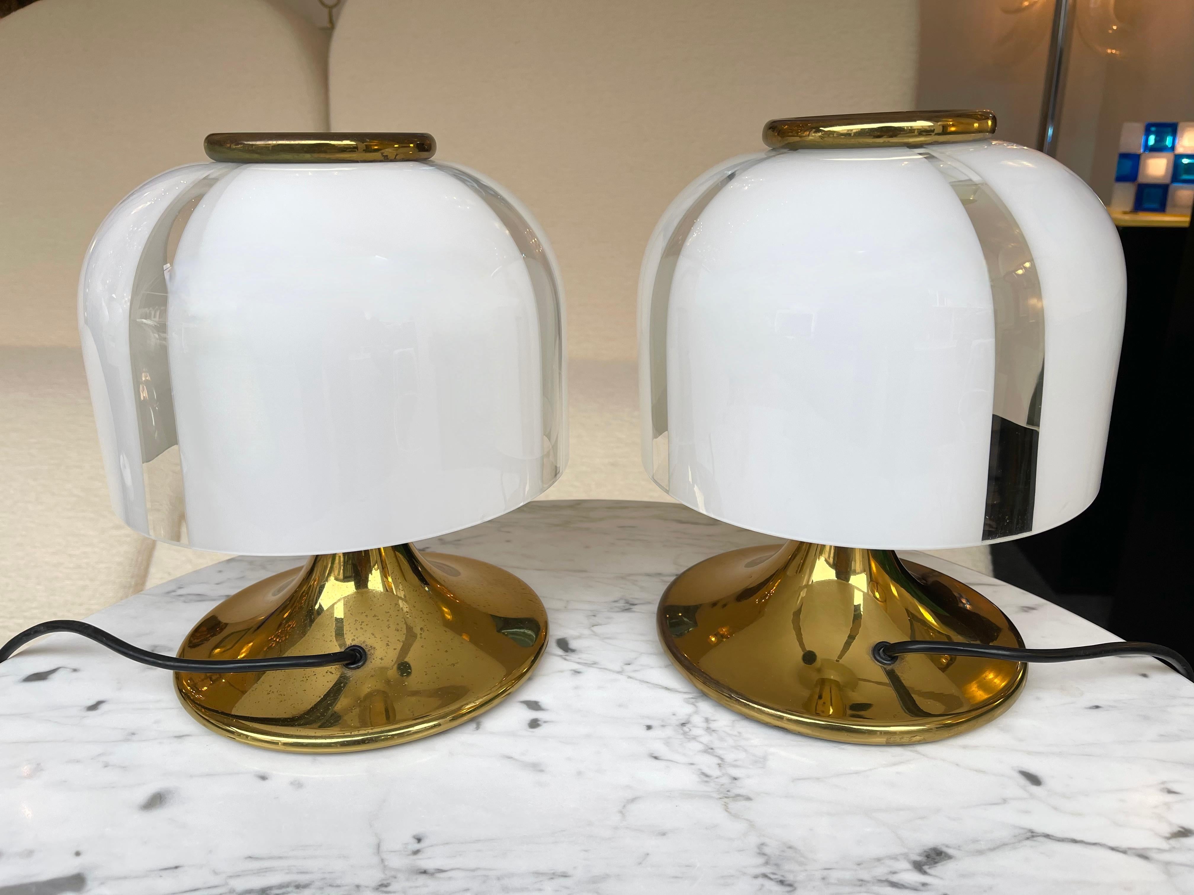 Pair of Small Mushroom Lamps Brass and Murano Glass by F. Fabbian, Italy, 1970s 1