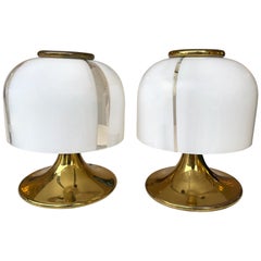 Pair of Small Mushroom Lamps Brass and Murano Glass by F. Fabbian, Italy, 1970s