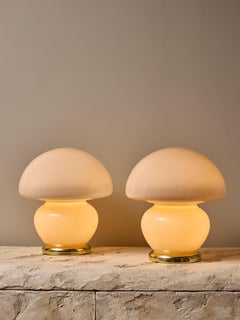 Pair of Small Mushroom Shaped Pink Murano Glass Table Lamps with Brass