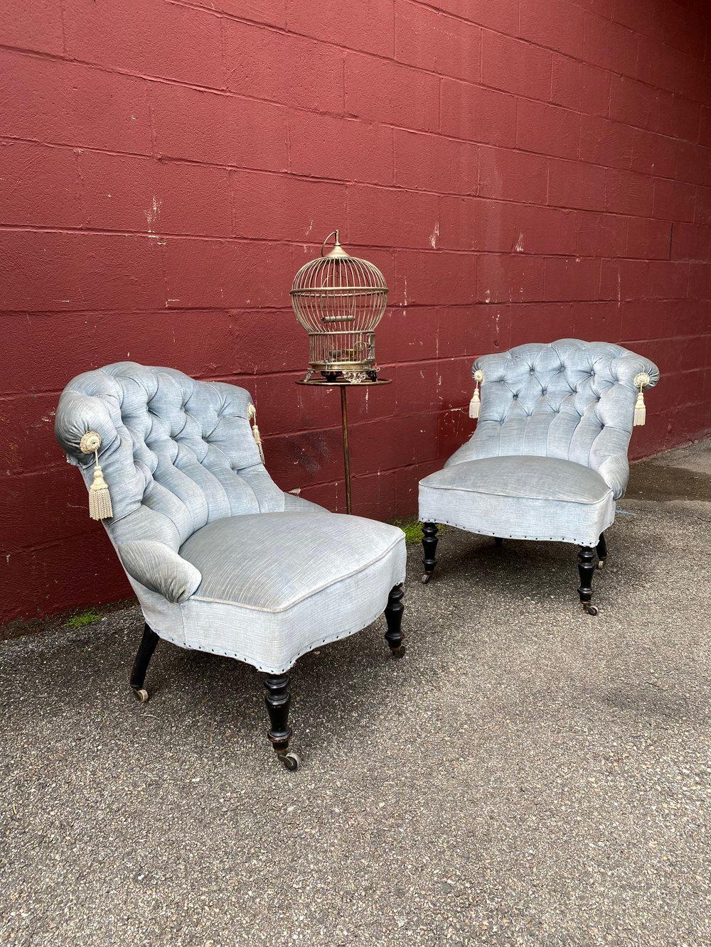 French Pair of Small Napoleon III Tufted Slipper Chairs