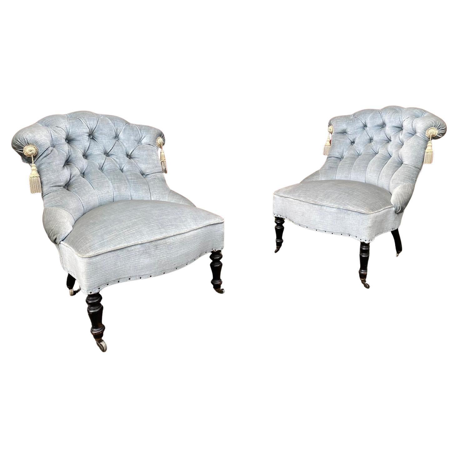 Pair of Small Napoleon III Tufted Slipper Chairs