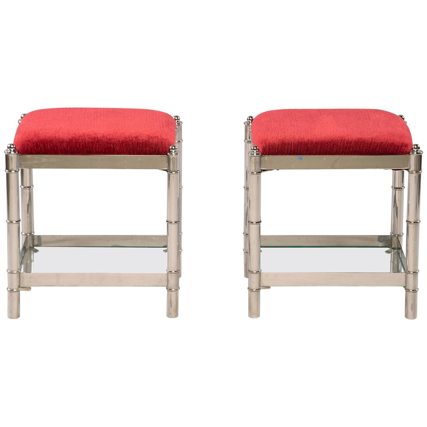 Pair of Small Nickel Plated Italian Upholstered Stools